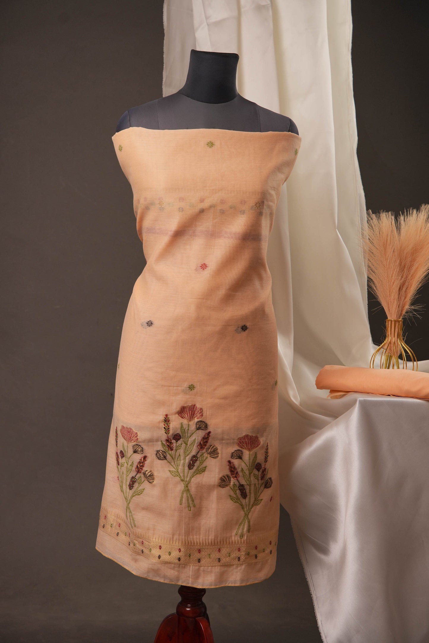 Botanical Floral Peach Blossom Muga Cotton Unstitched Suit Set