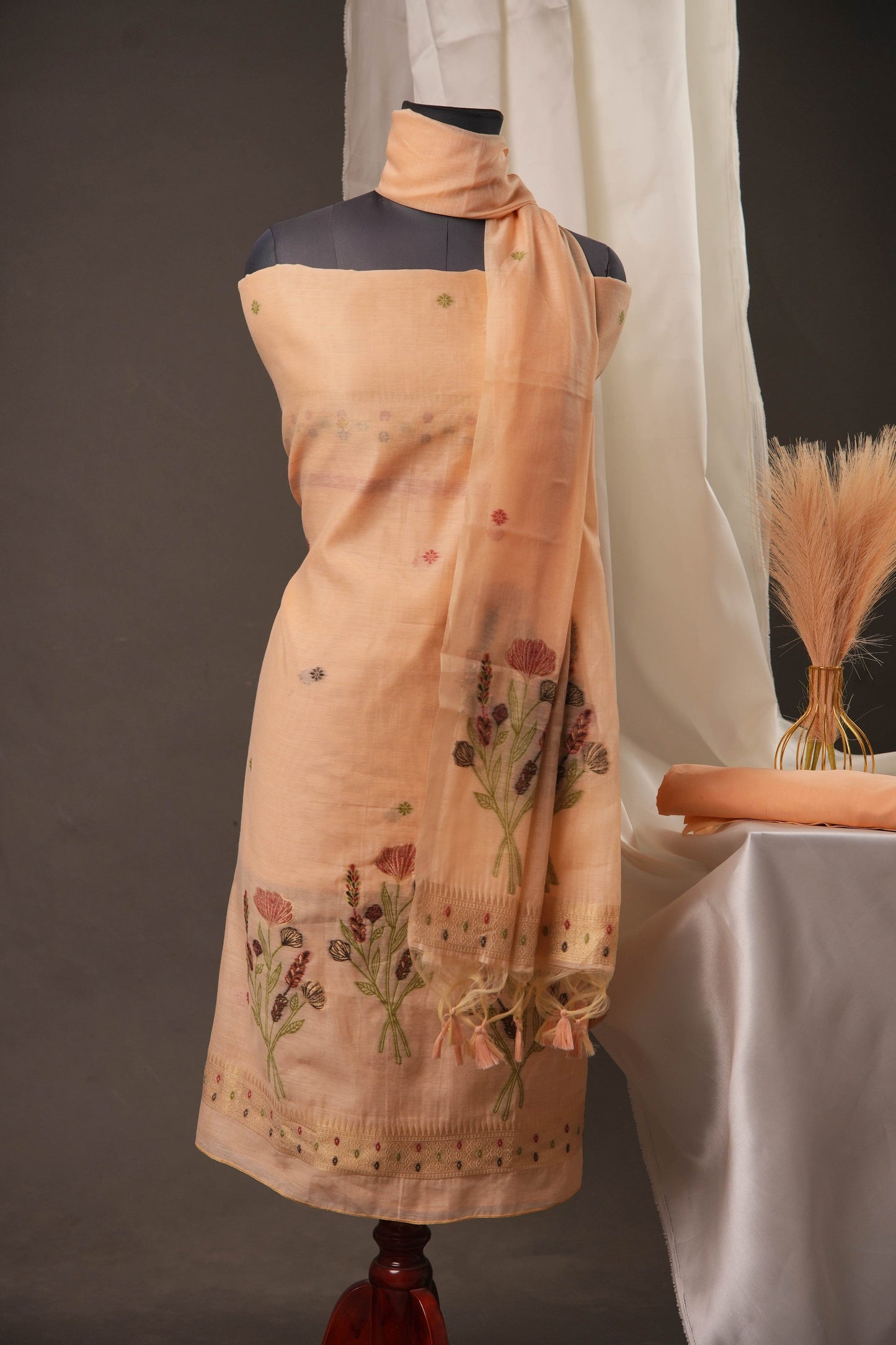 Botanical Floral Peach Blossom Muga Cotton Unstitched Suit Set