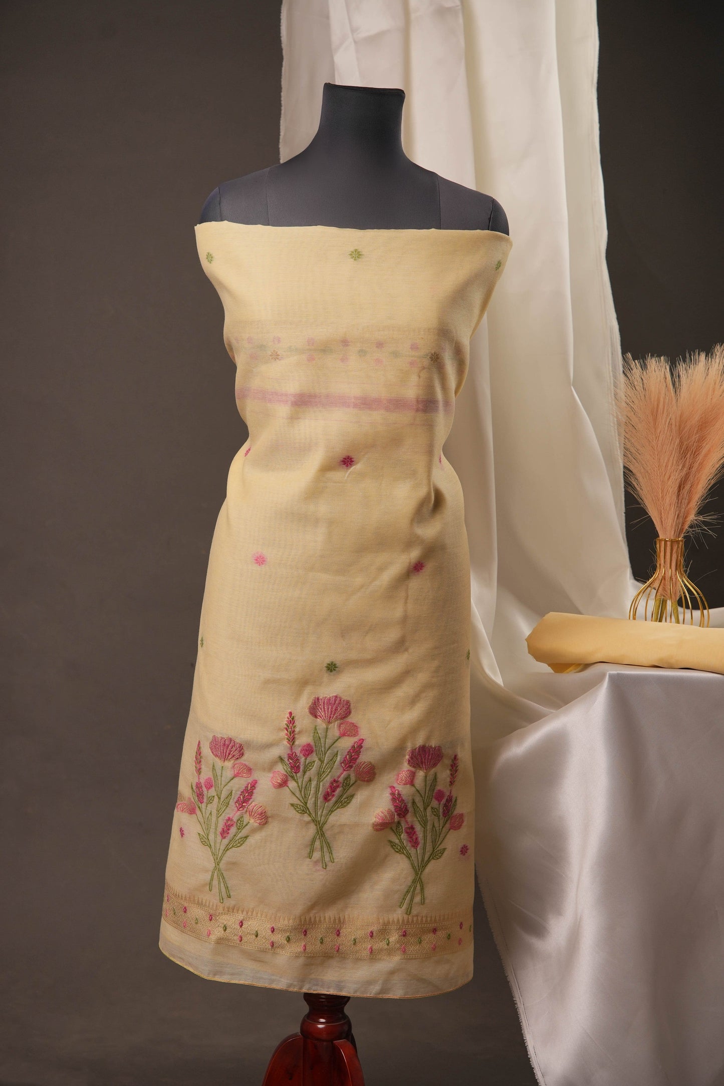 Botanical Floral Yellow Muga Cotton Unstitched Suit Set