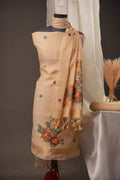 Floral Buti Beige Muga Cotton Unstitched Suit Set