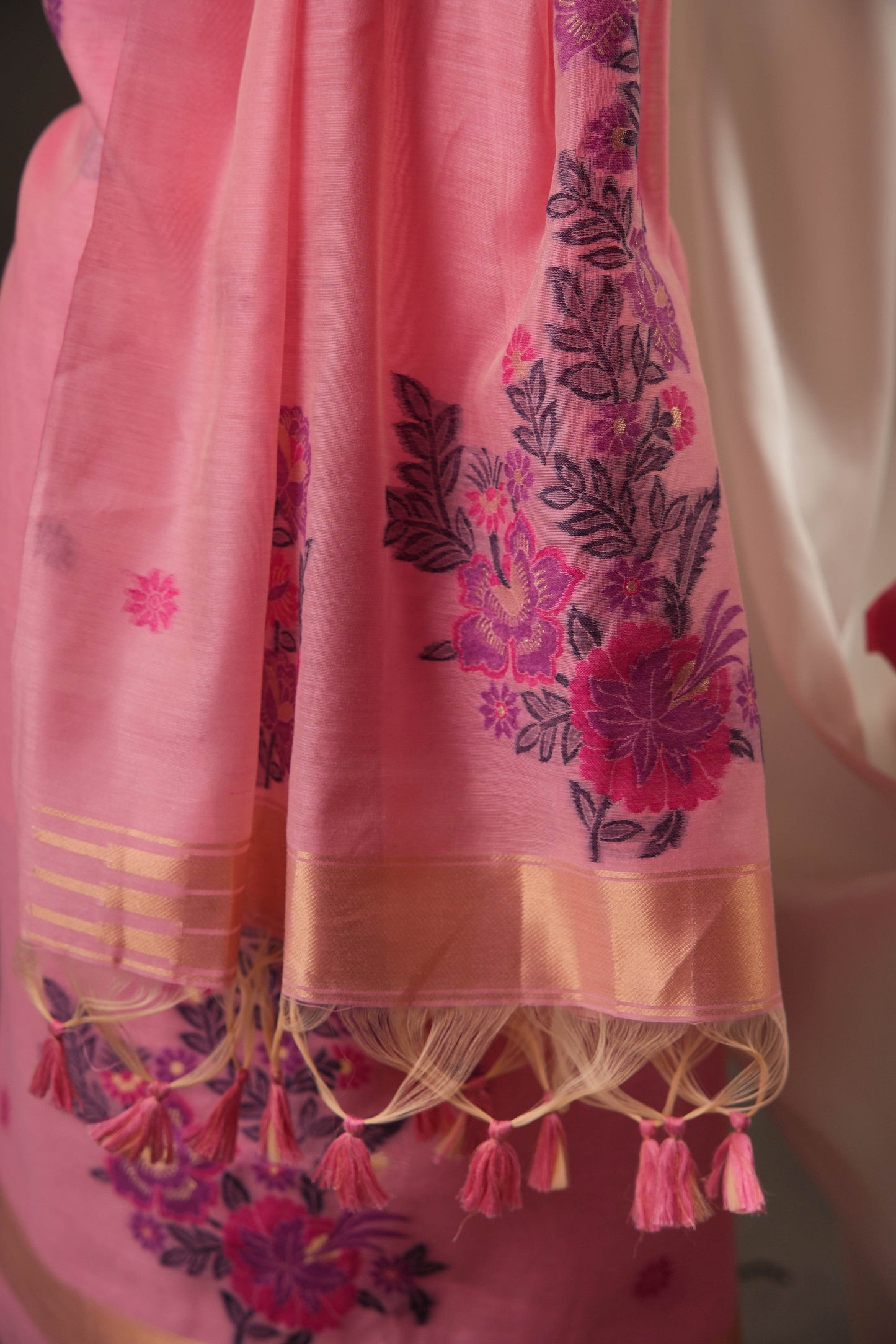 Floral Buti Pink Muga Cotton Unstitched Suit Set