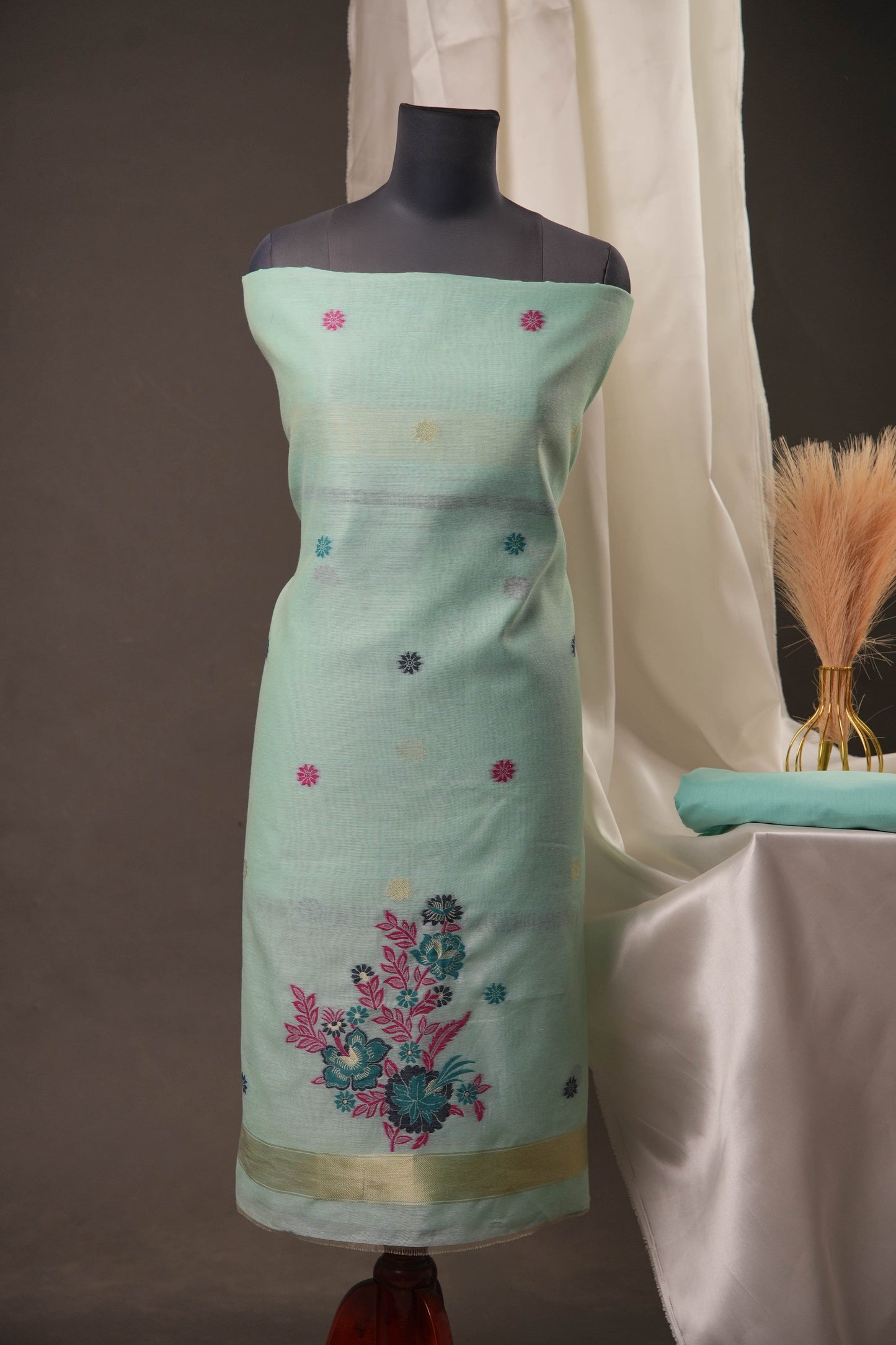Floral Buti Sky Blue Muga Cotton Unstitched Suit Set