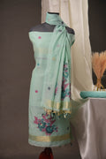 Floral Buti Sky Blue Muga Cotton Unstitched Suit Set