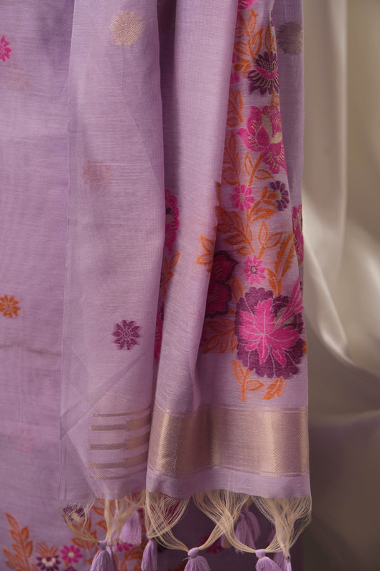 Floral Buti Lavender Muga Cotton Unstitched Suit Set