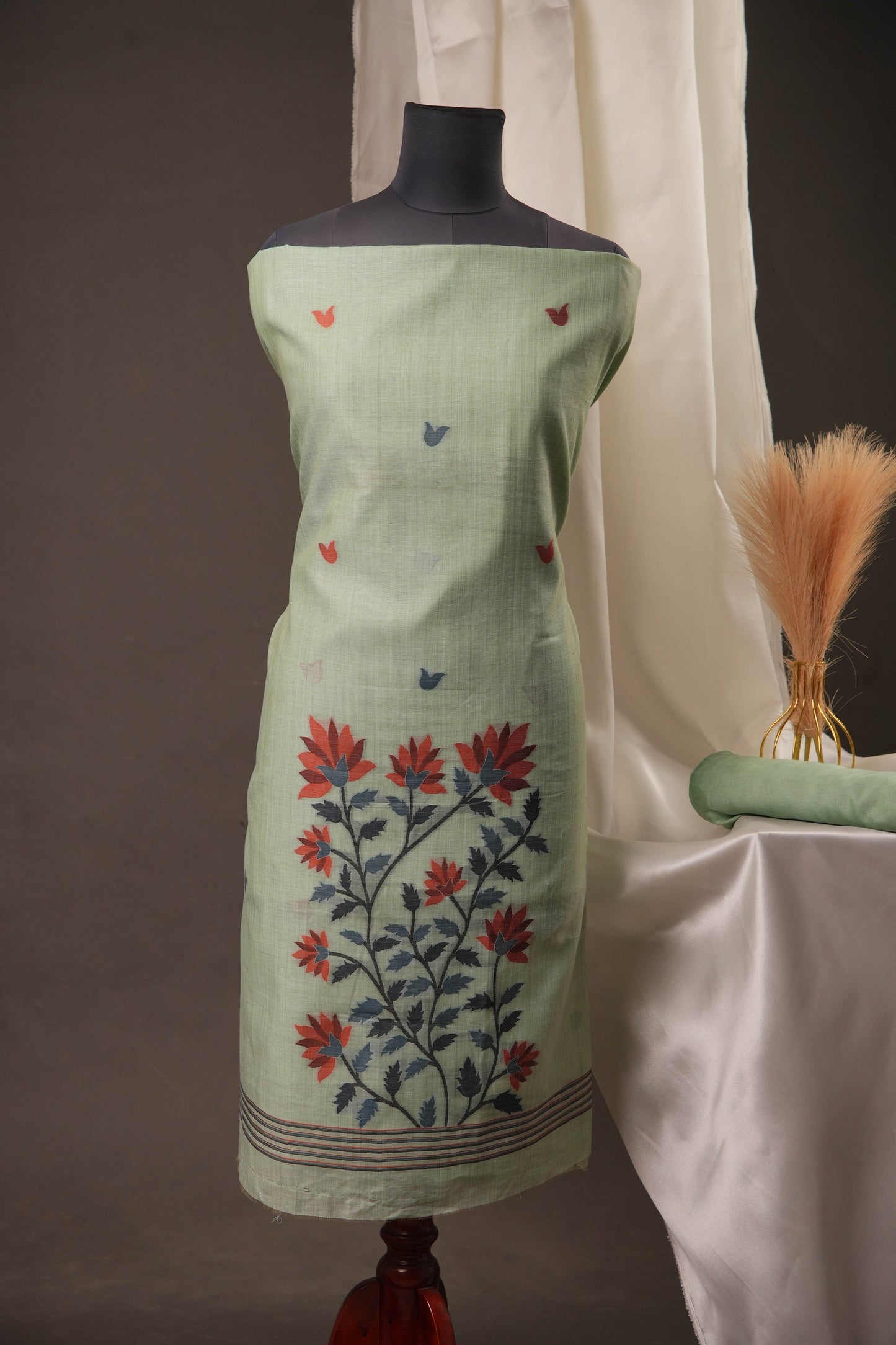 Creeper Floral Sea Green Minakari Work Unstitched Soft Cotton Suit Set
