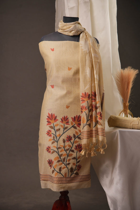 Creeper Floral Beige Minakari Work Unstitched Soft Cotton Suit Set