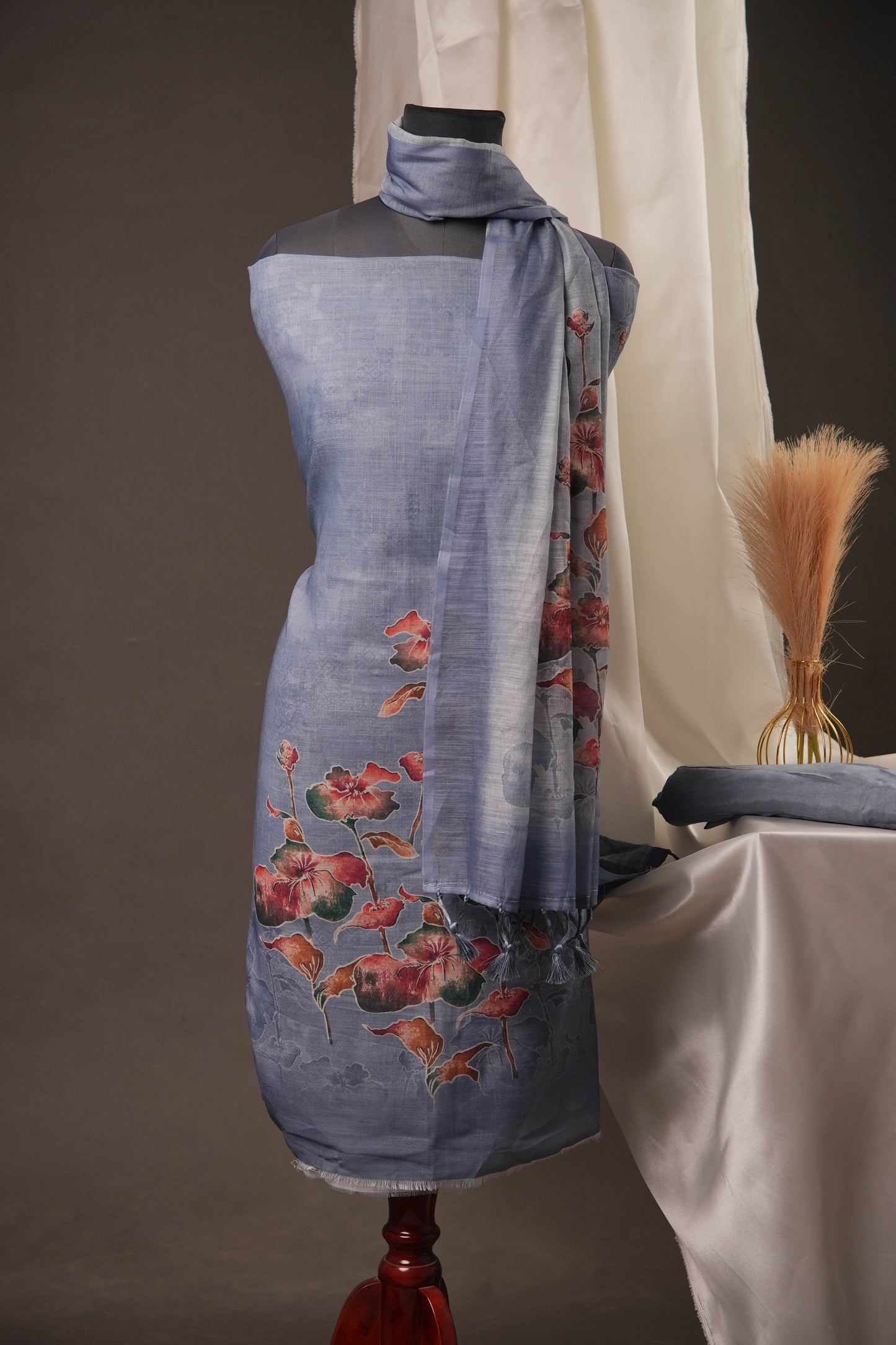 Poppy Floral Smoky Blue Unstitched Suit with Vibrant Floral Print and Tassel Detailed Dupatta