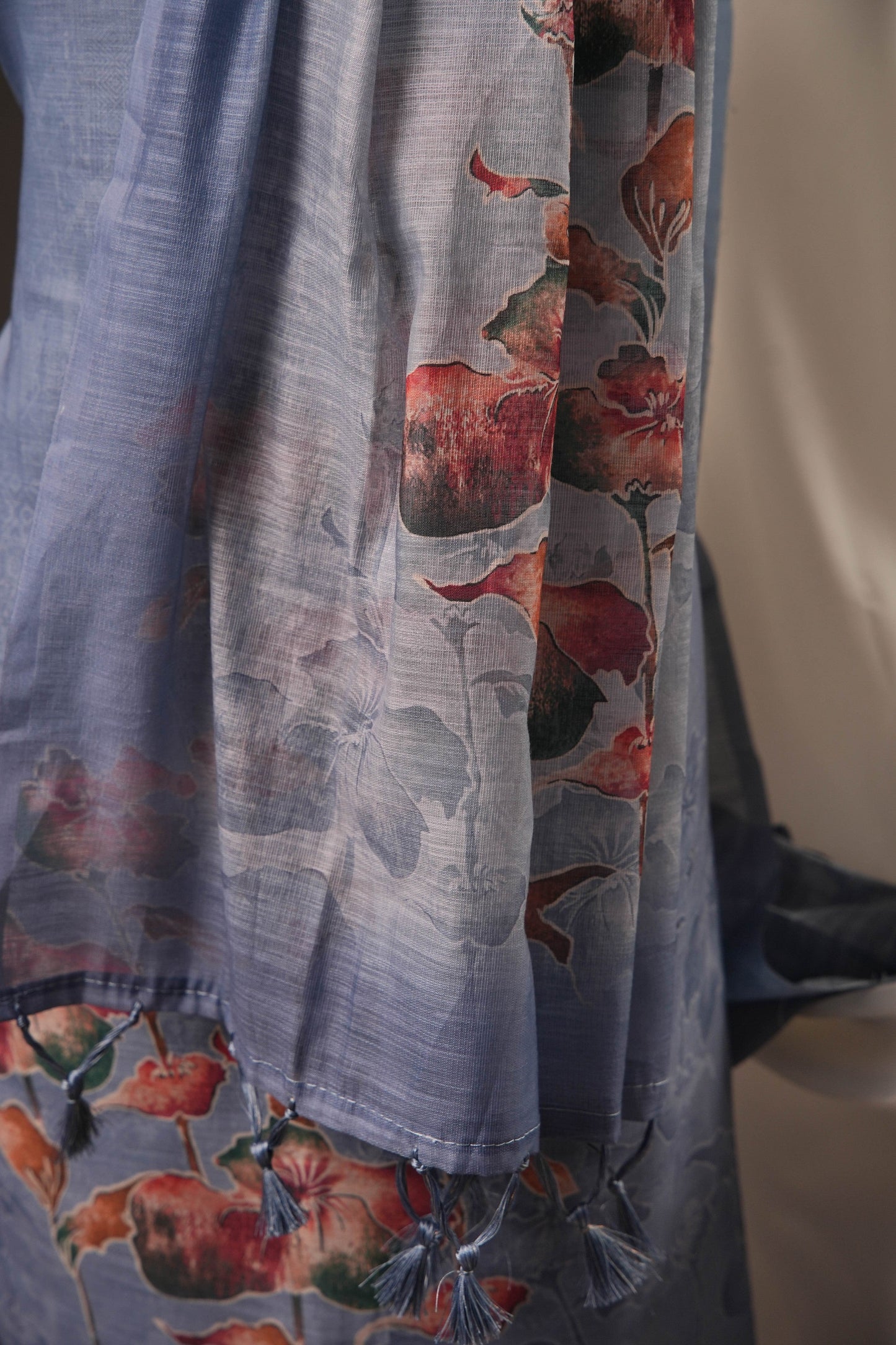 Poppy Floral Smoky Blue Unstitched Suit with Vibrant Floral Print and Tassel Detailed Dupatta