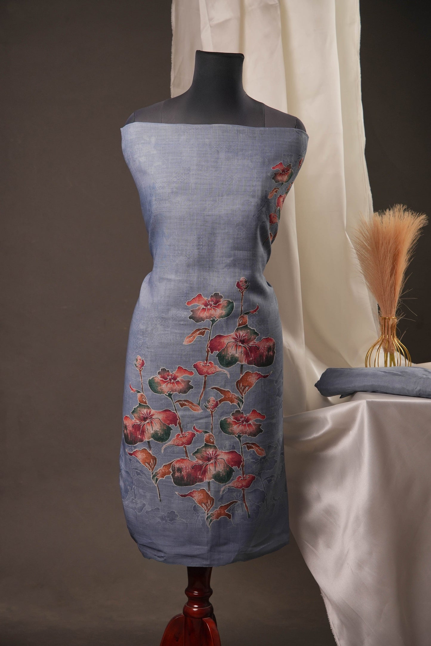 Poppy Floral Smoky Blue Unstitched Suit with Vibrant Floral Print and Tassel Detailed Dupatta