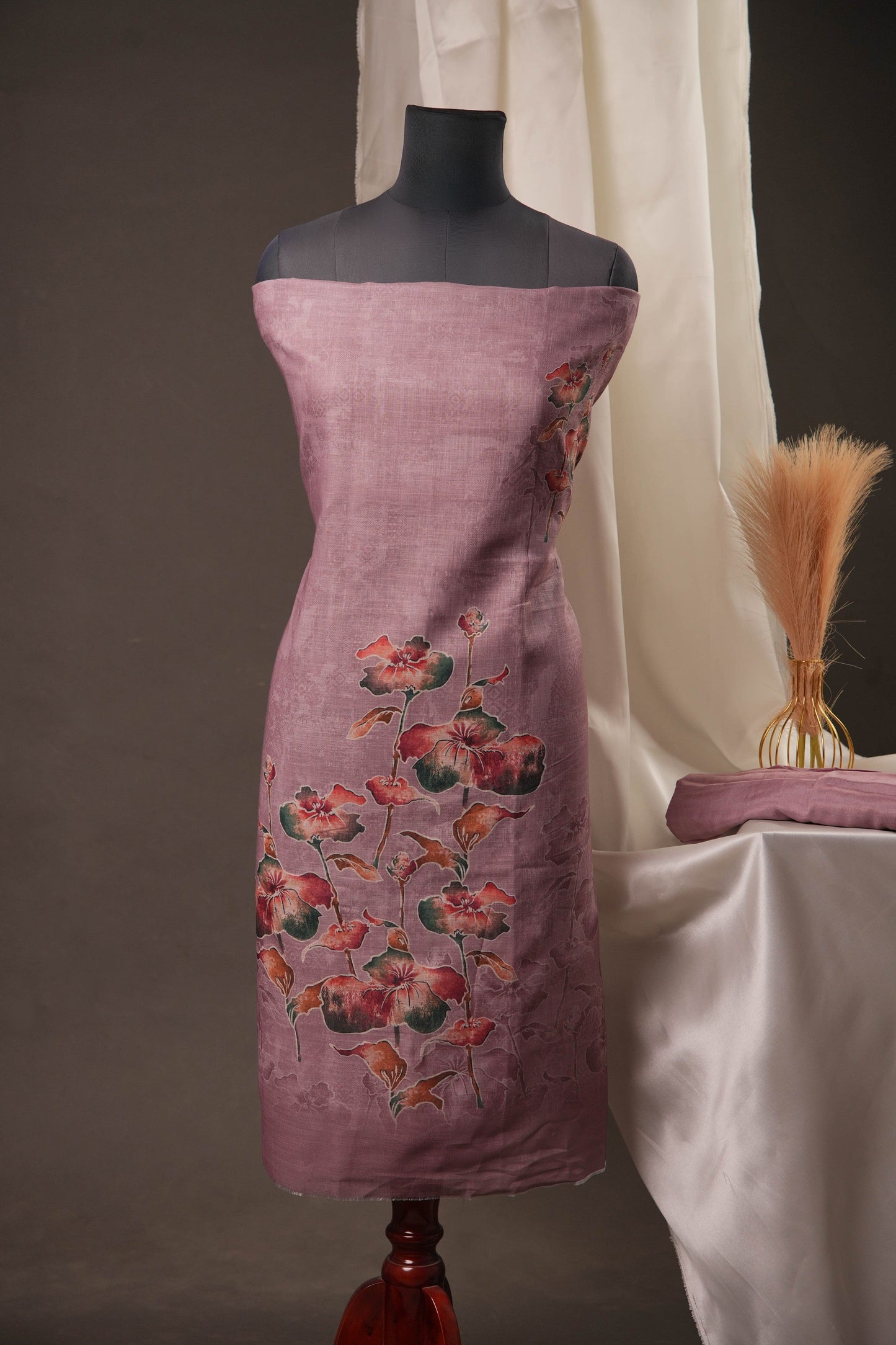 Poppy Floral Dusty Mauve Unstitched Suit with Watercolour Floral Digital Print & Tassel Dupatta