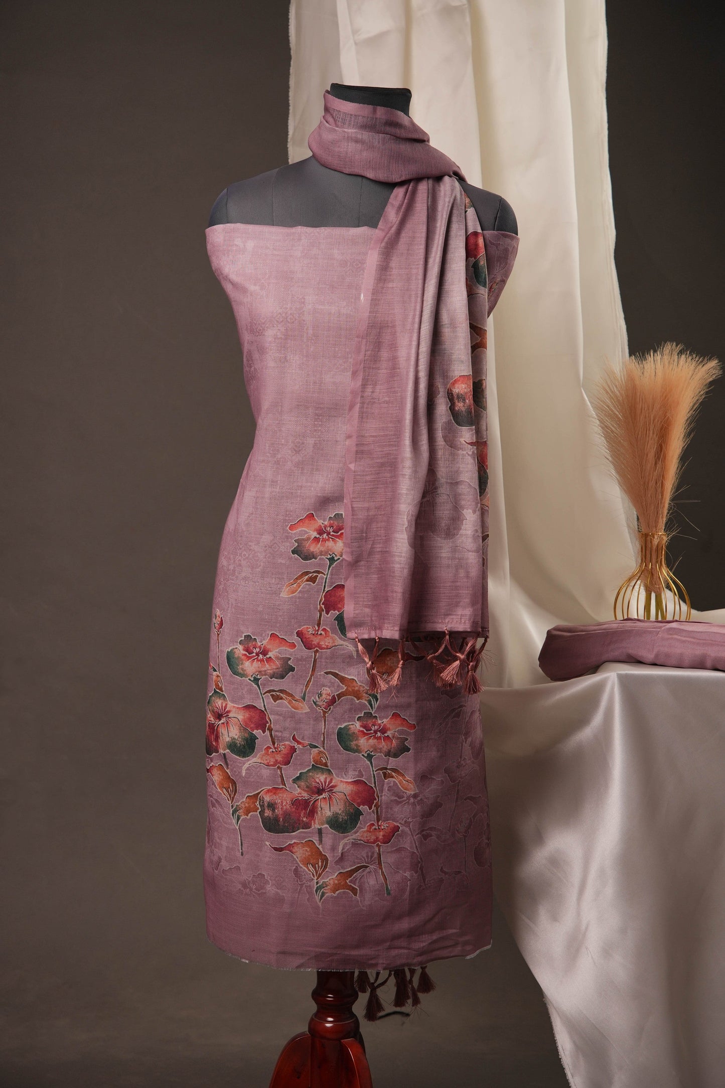 Poppy Floral Dusty Mauve Unstitched Suit with Watercolour Floral Digital Print & Tassel Dupatta