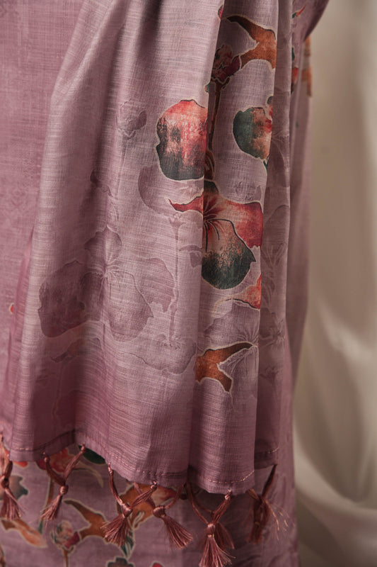 Poppy Floral Dusty Mauve Unstitched Suit with Watercolour Floral Digital Print & Tassel Dupatta
