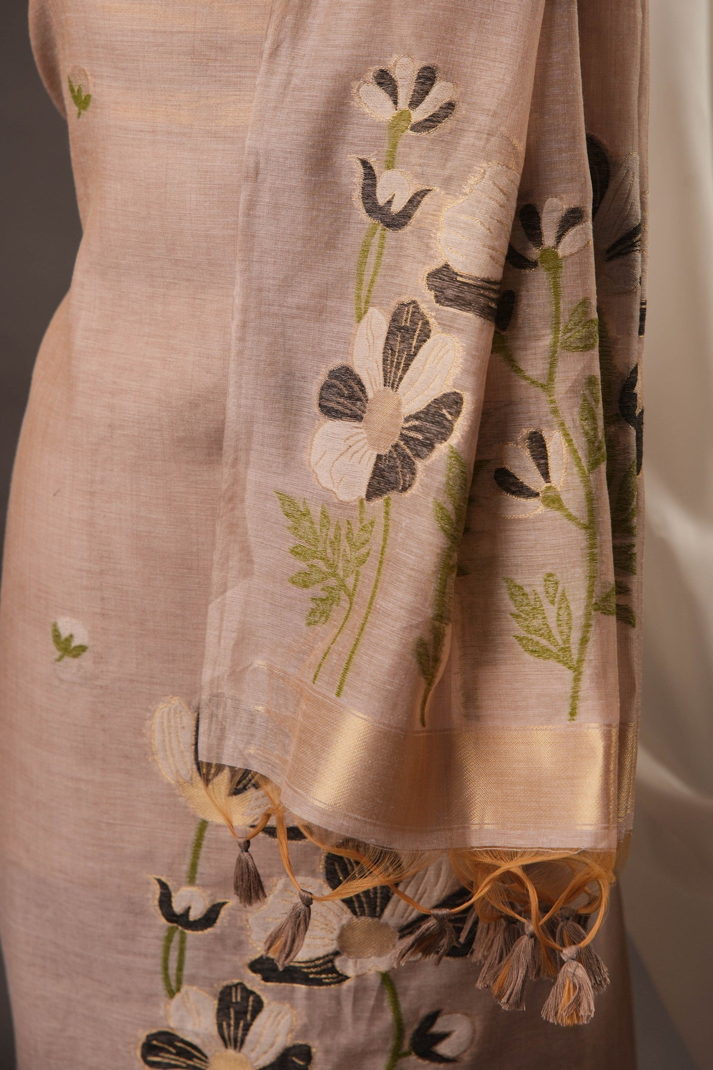 Grey Muga Cotton Unstitched Suit with Black Floral Weaving & Tassel Dupatta