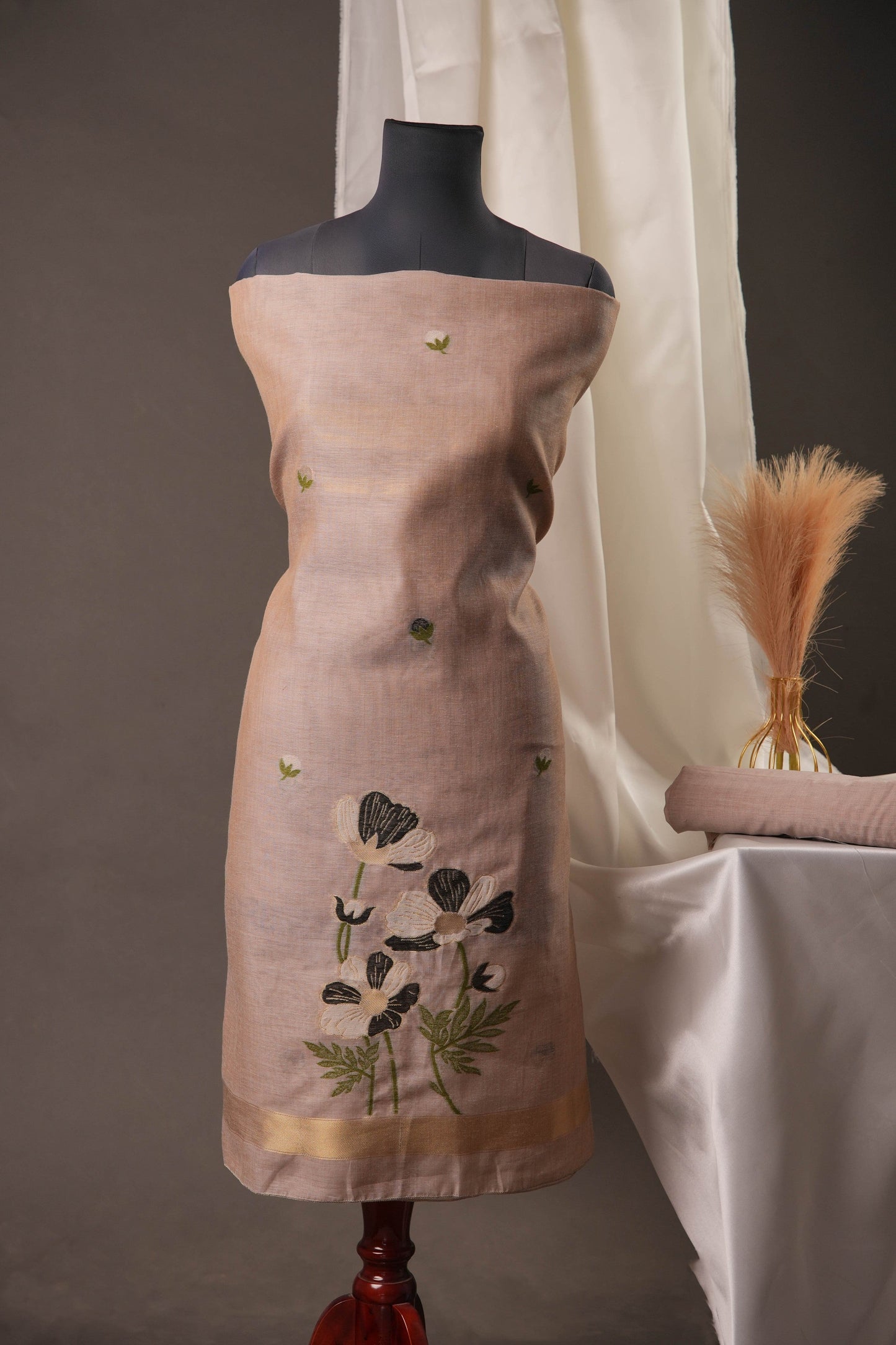 Grey Muga Cotton Unstitched Suit with Black Floral Weaving & Tassel Dupatta