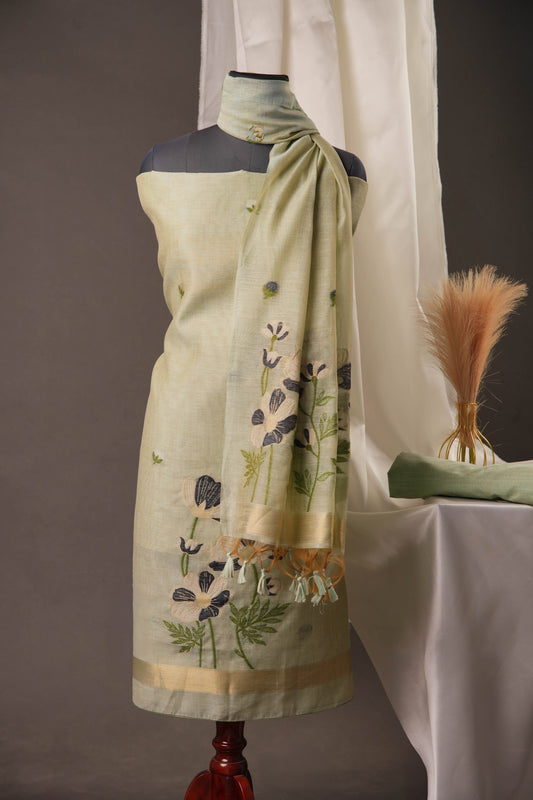 Pista Green Muga Cotton Unstitched Suit with Black Floral Weaving & Tassel Dupatta
