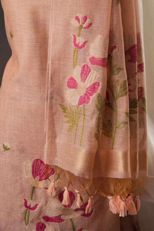 Blush Pink Muga Cotton Unstitched Suit with Pink Floral Weaving & Tassel Dupatta
