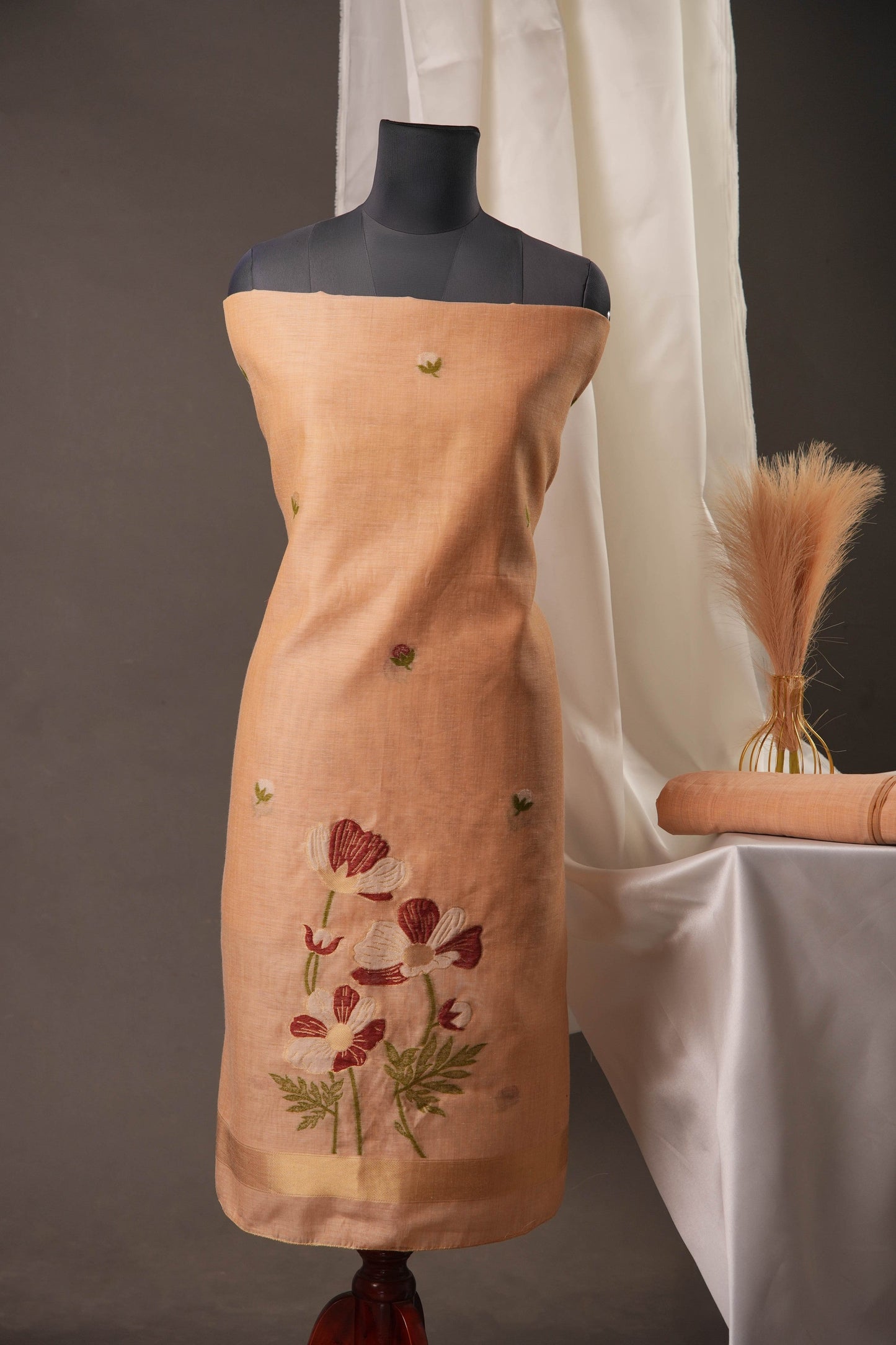 Peach Blossom Muga Cotton Unstitched Suit with Red Floral Weaving & Tassel Dupatta