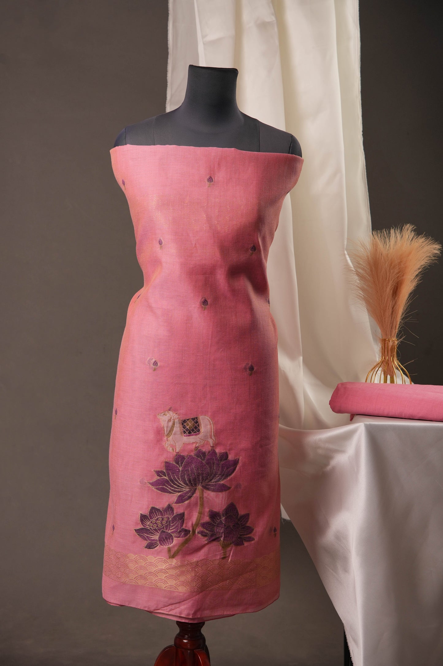 Lotus Floral Pink Muga Cotton Unstitched Suit with Lotus & Cow Weaving and Tassel Dupatta