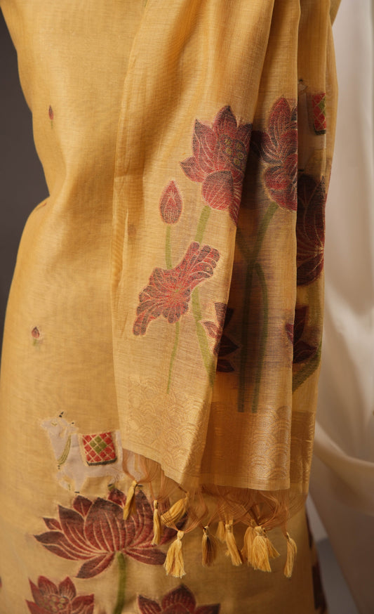 Lotus Floral Golden Yellow Muga Cotton Unstitched Suit with Lotus & Cow Weaving and Tassel Dupatta