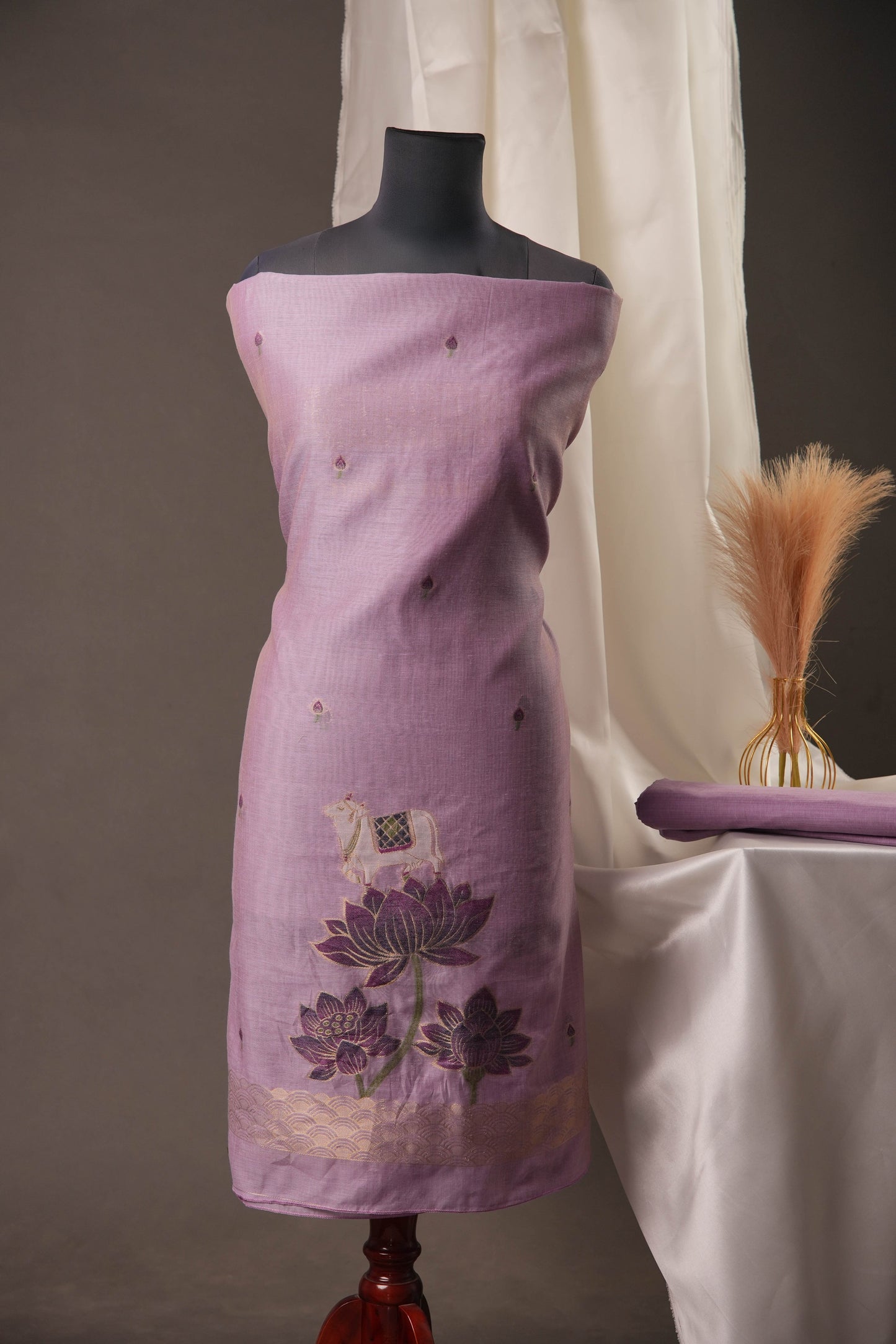 Lotus Floral Lavender Muga Cotton Unstitched Suit with Lotus & Cow Weaving and Tassel Dupatta