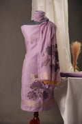 Lotus Floral Lavender Muga Cotton Unstitched Suit with Lotus & Cow Weaving and Tassel Dupatta