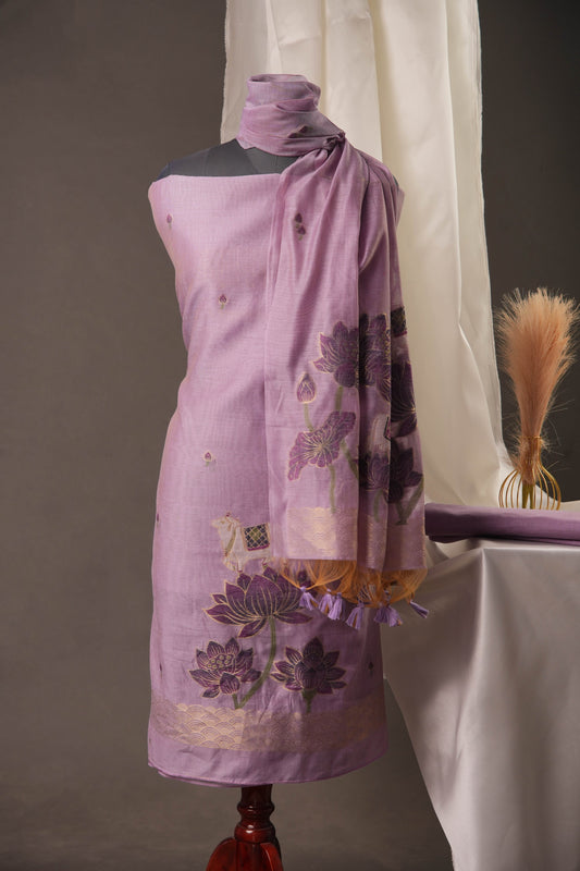 Lotus Floral Lavender Muga Cotton Unstitched Suit with Lotus & Cow Weaving and Tassel Dupatta