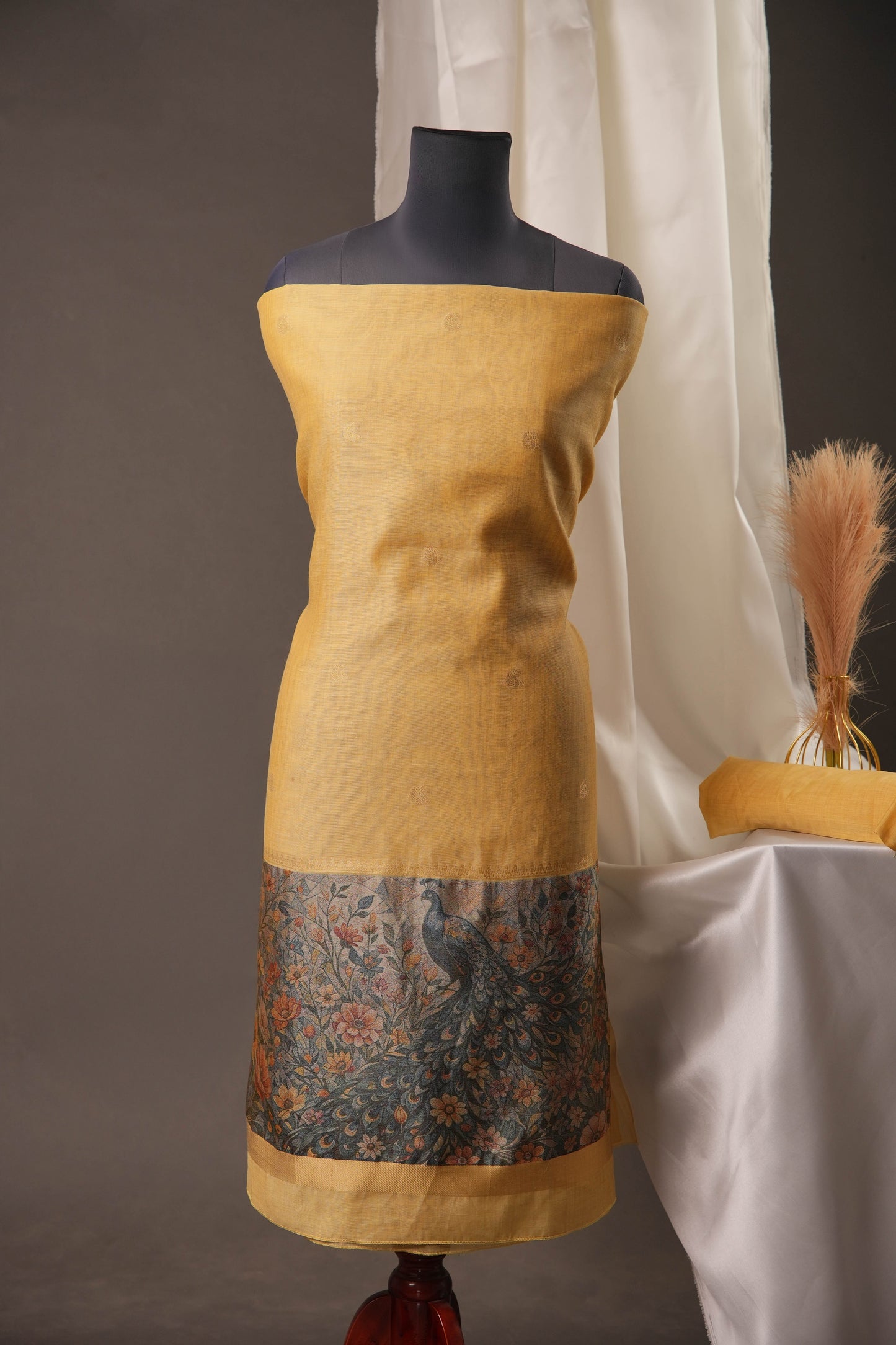Golden Mustard Muga Cotton Unstitched Suit with Peacock & Floral Digital Print Dupatta