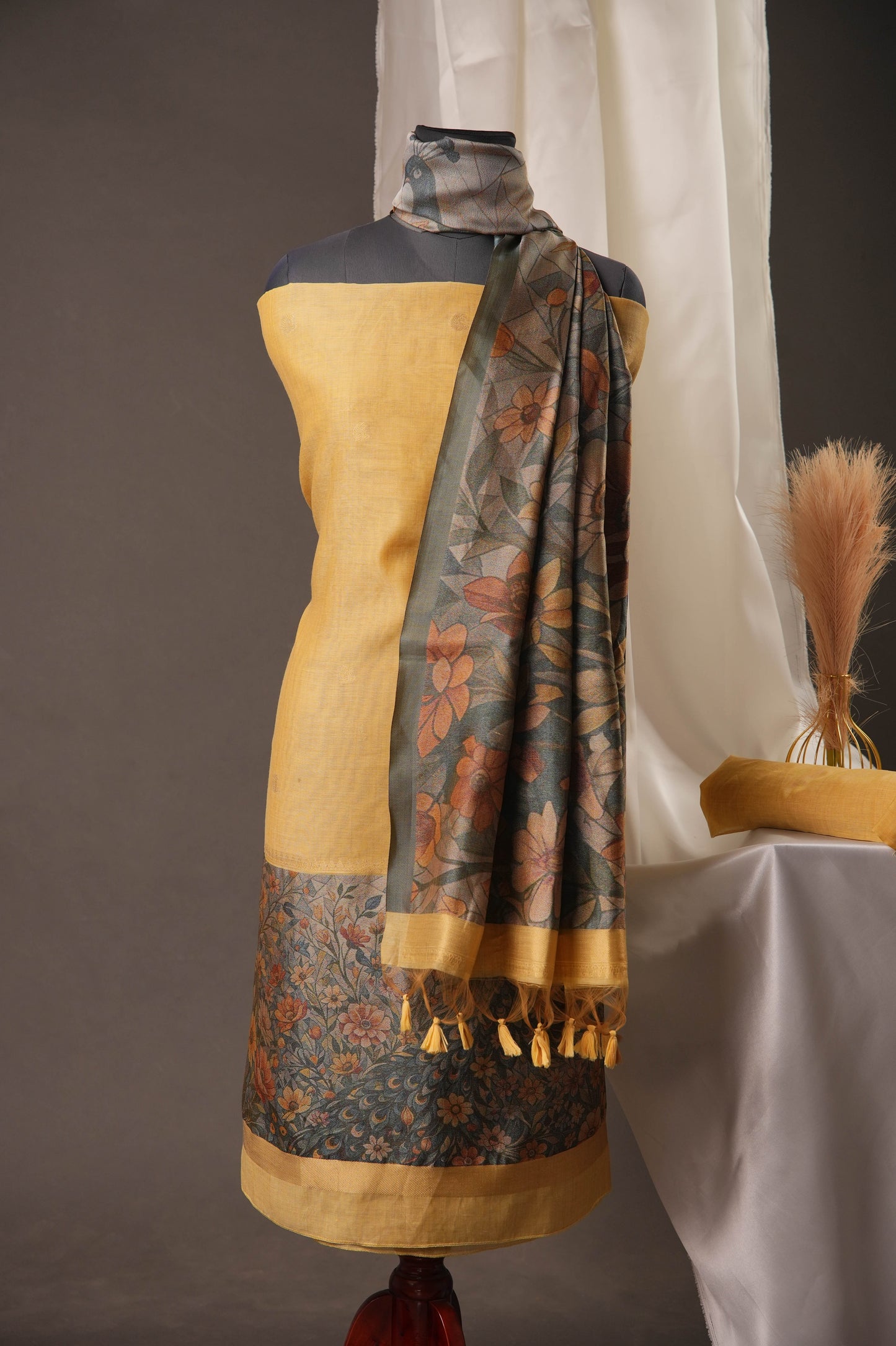 Golden Mustard Muga Cotton Unstitched Suit with Peacock & Floral Digital Print Dupatta