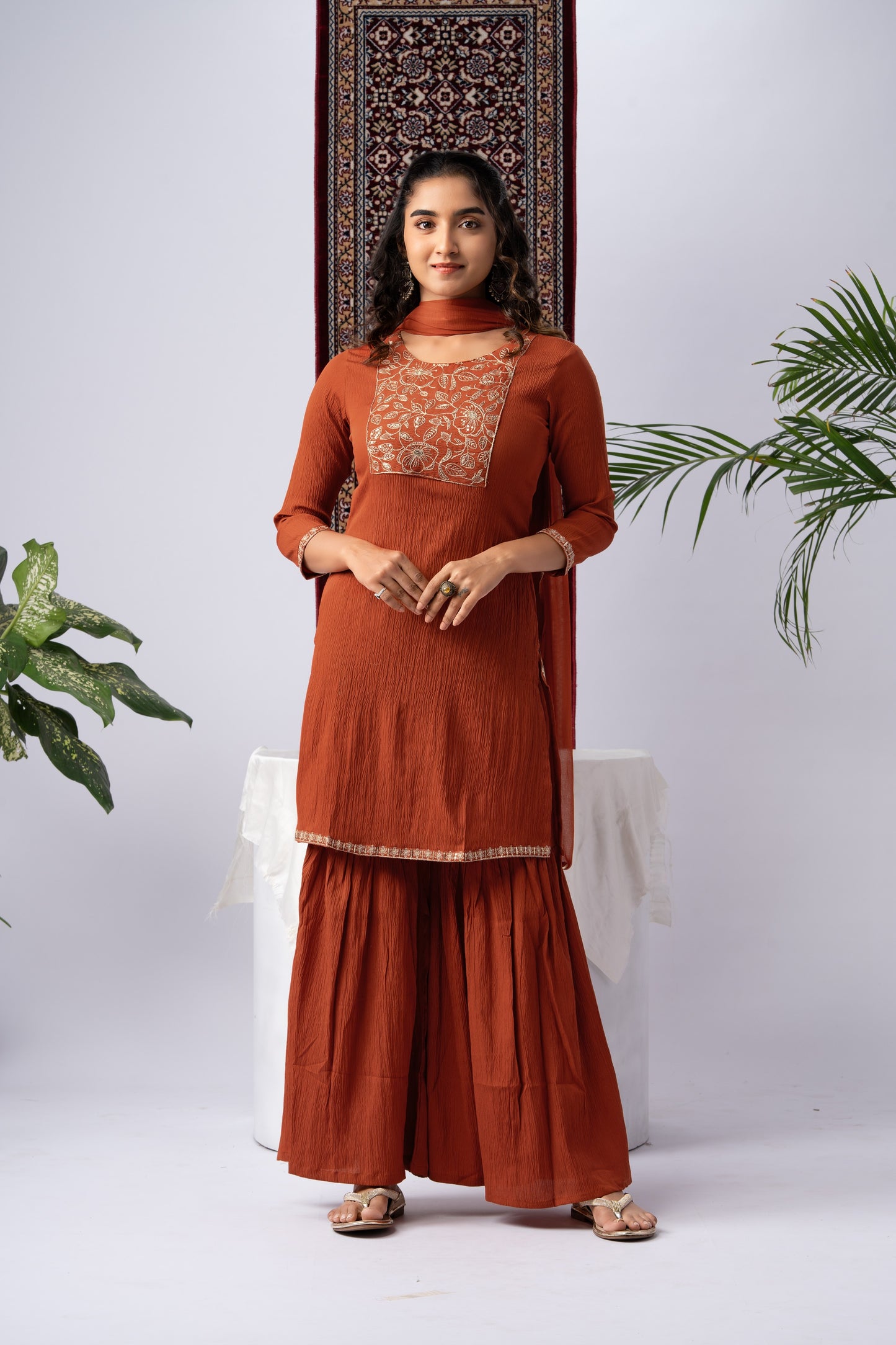 Rust Orange Berlin Crush Kurta Set with Embroidered Yoke