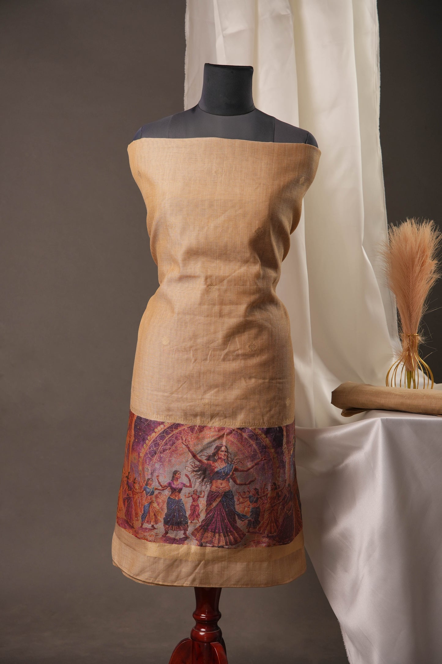 Beige Muga Cotton Unstitched Suit with Digital Traditional Dance Print & Tassel Dupatta