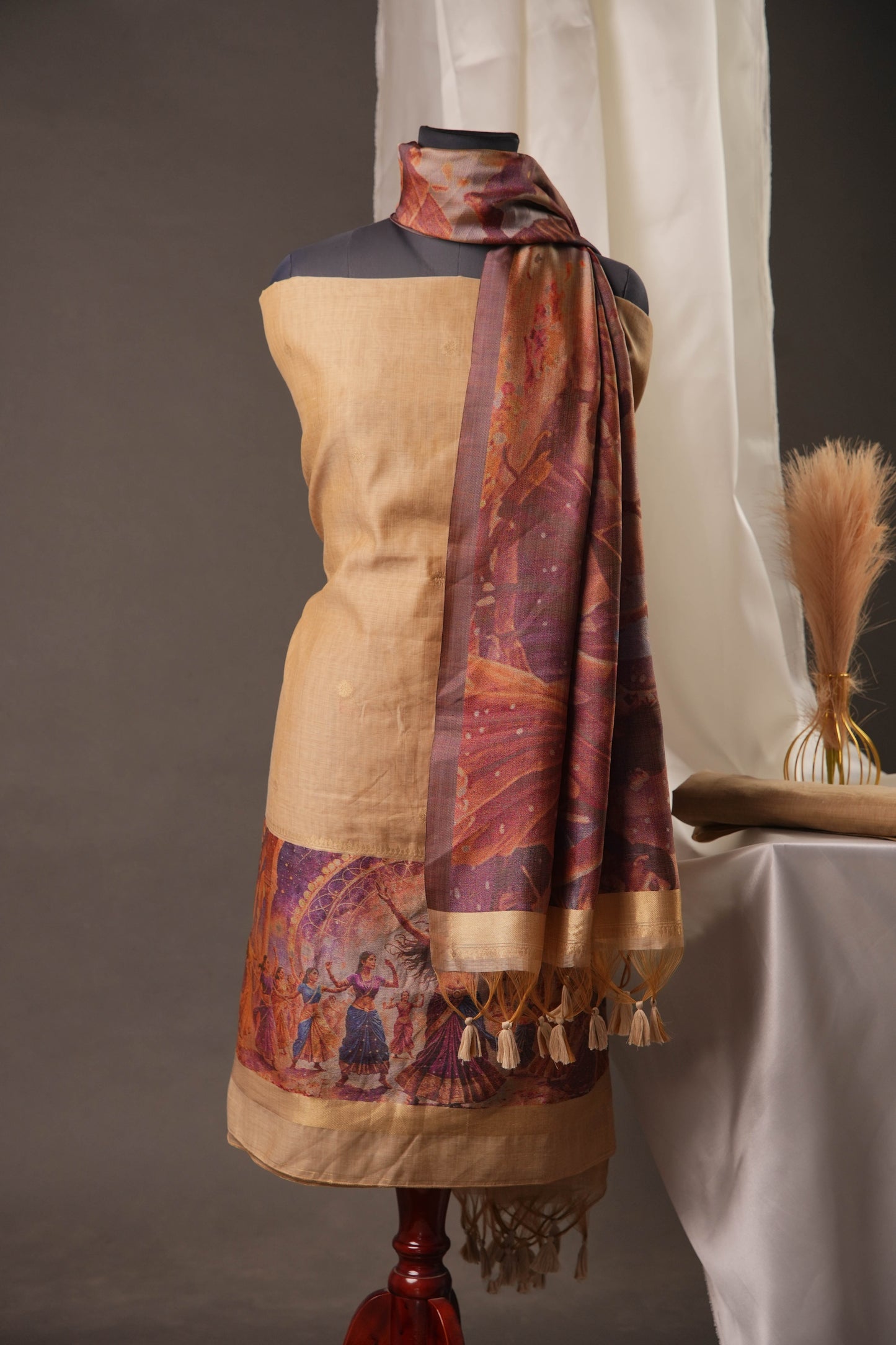 Beige Muga Cotton Unstitched Suit with Digital Traditional Dance Print & Tassel Dupatta