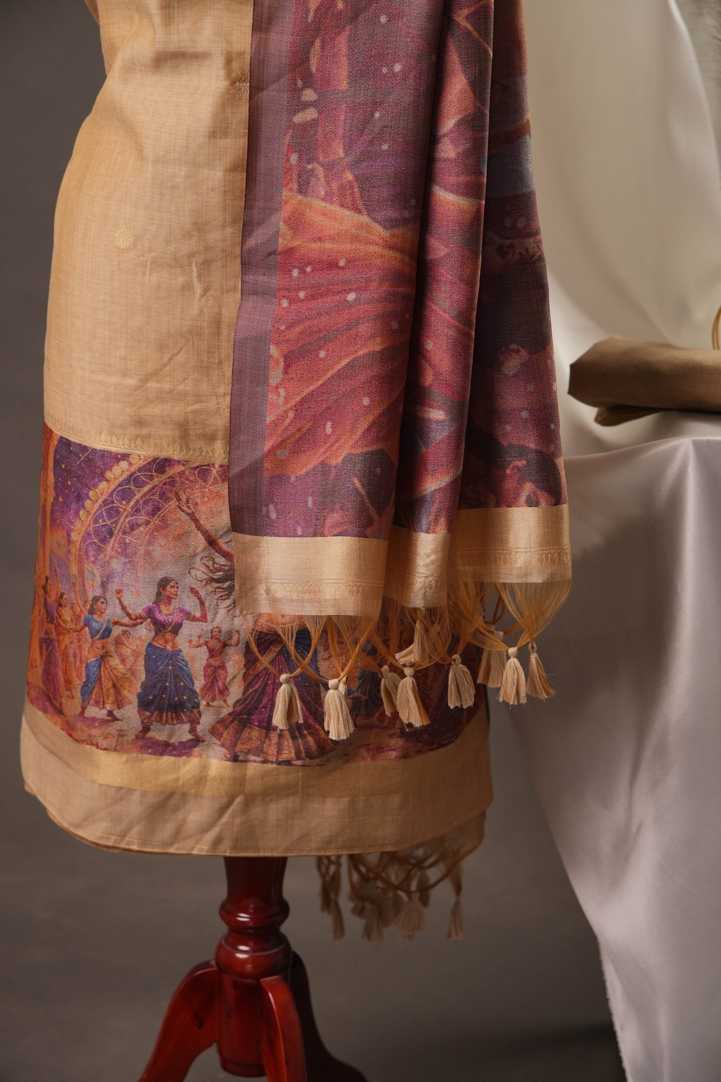 Beige Muga Cotton Unstitched Suit with Digital Traditional Dance Print & Tassel Dupatta