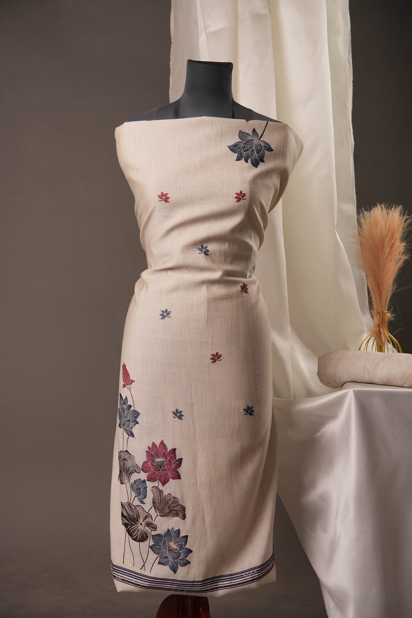 Elegant Beige Muslin Cotton Unstitched Suit with Multicolour Weaving Dupatta