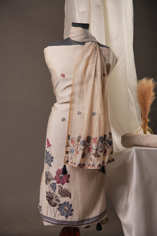Elegant Beige Muslin Cotton Unstitched Suit with Multicolour Weaving Dupatta