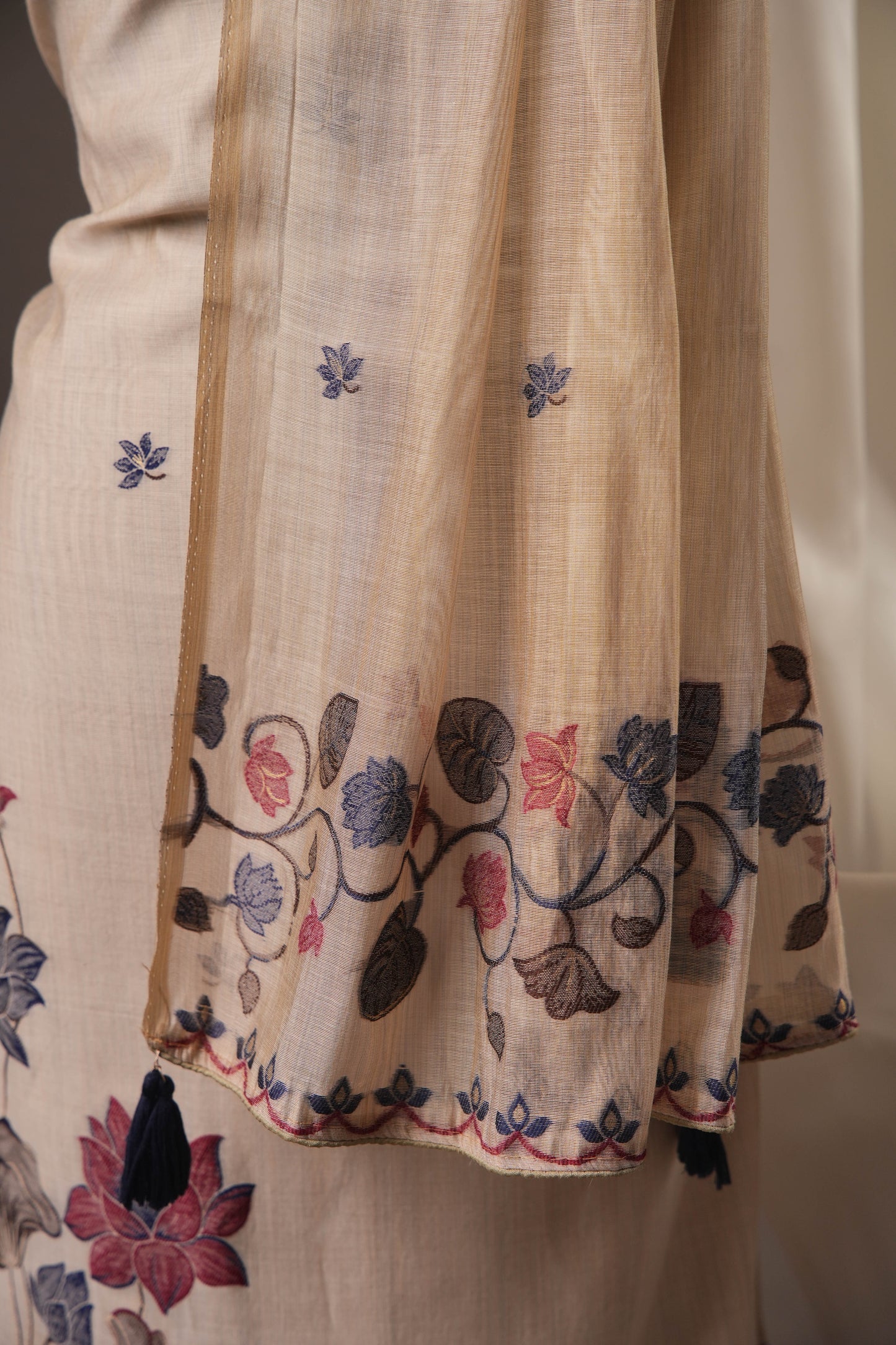 Elegant Beige Muslin Cotton Unstitched Suit with Multicolour Weaving Dupatta