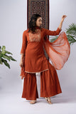 Rust Orange Berlin Crush Kurta Set with Embroidered Yoke