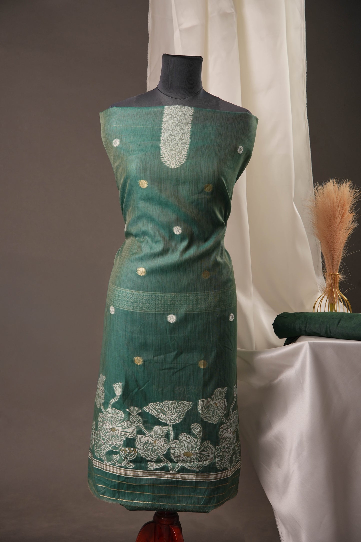 Floral Embroidered Teal Green Soft Cotton Unstitched Suit with Coordinated Dupatta