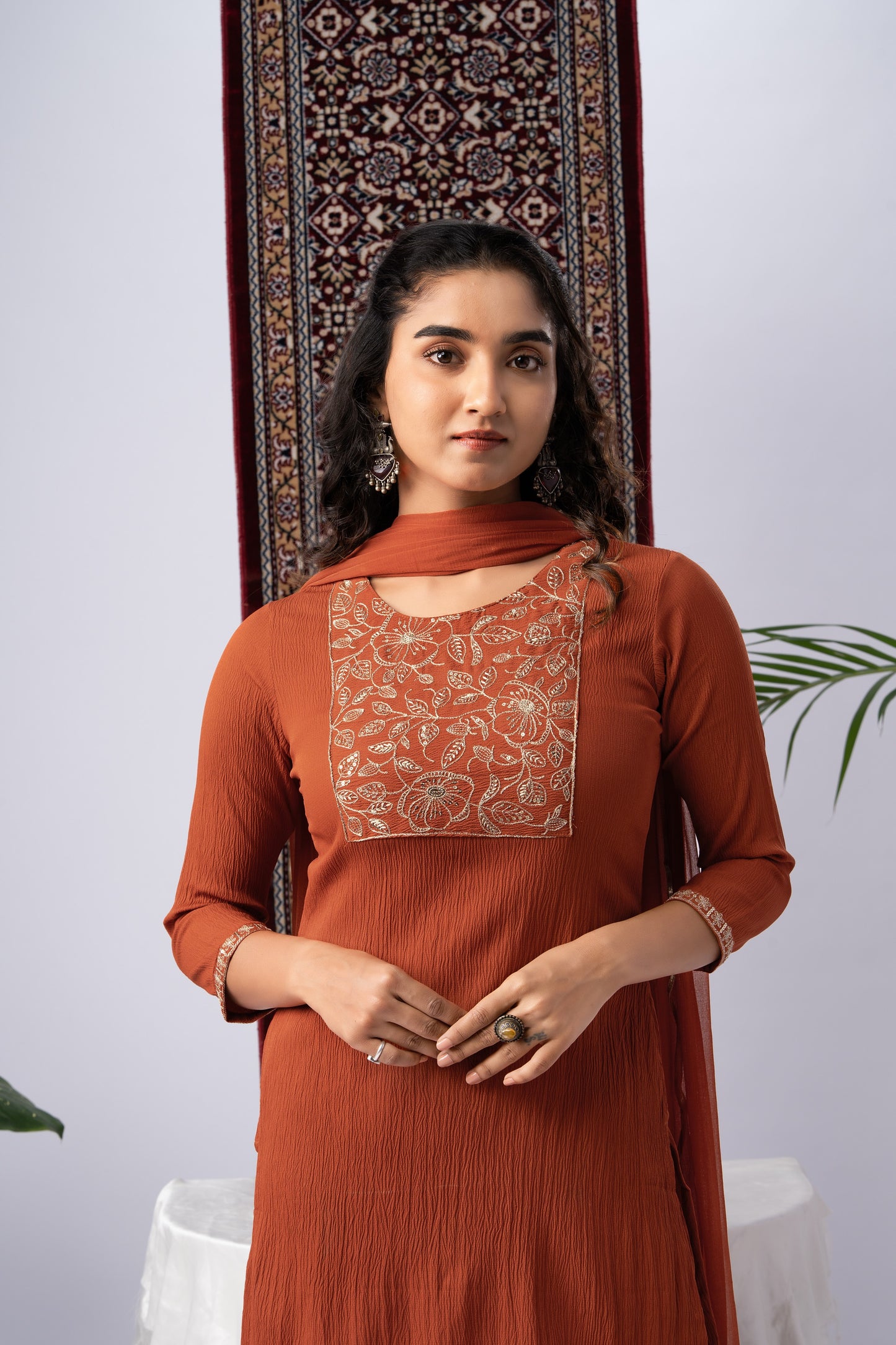 Rust Orange Berlin Crush Kurta Set with Embroidered Yoke