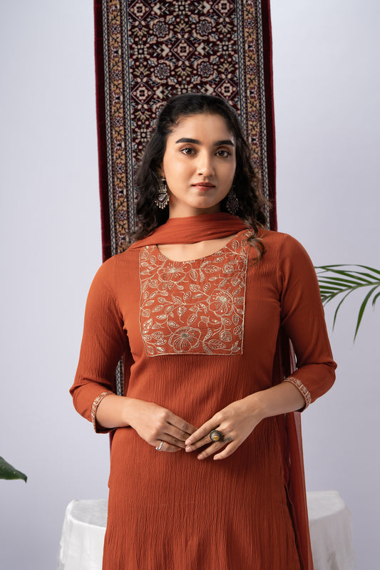 Rust Orange Berlin Crush Kurta Set with Embroidered Yoke