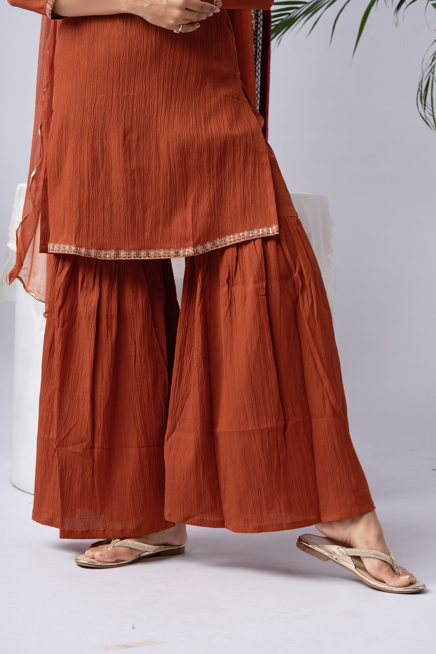 Rust Orange Berlin Crush Kurta Set with Embroidered Yoke