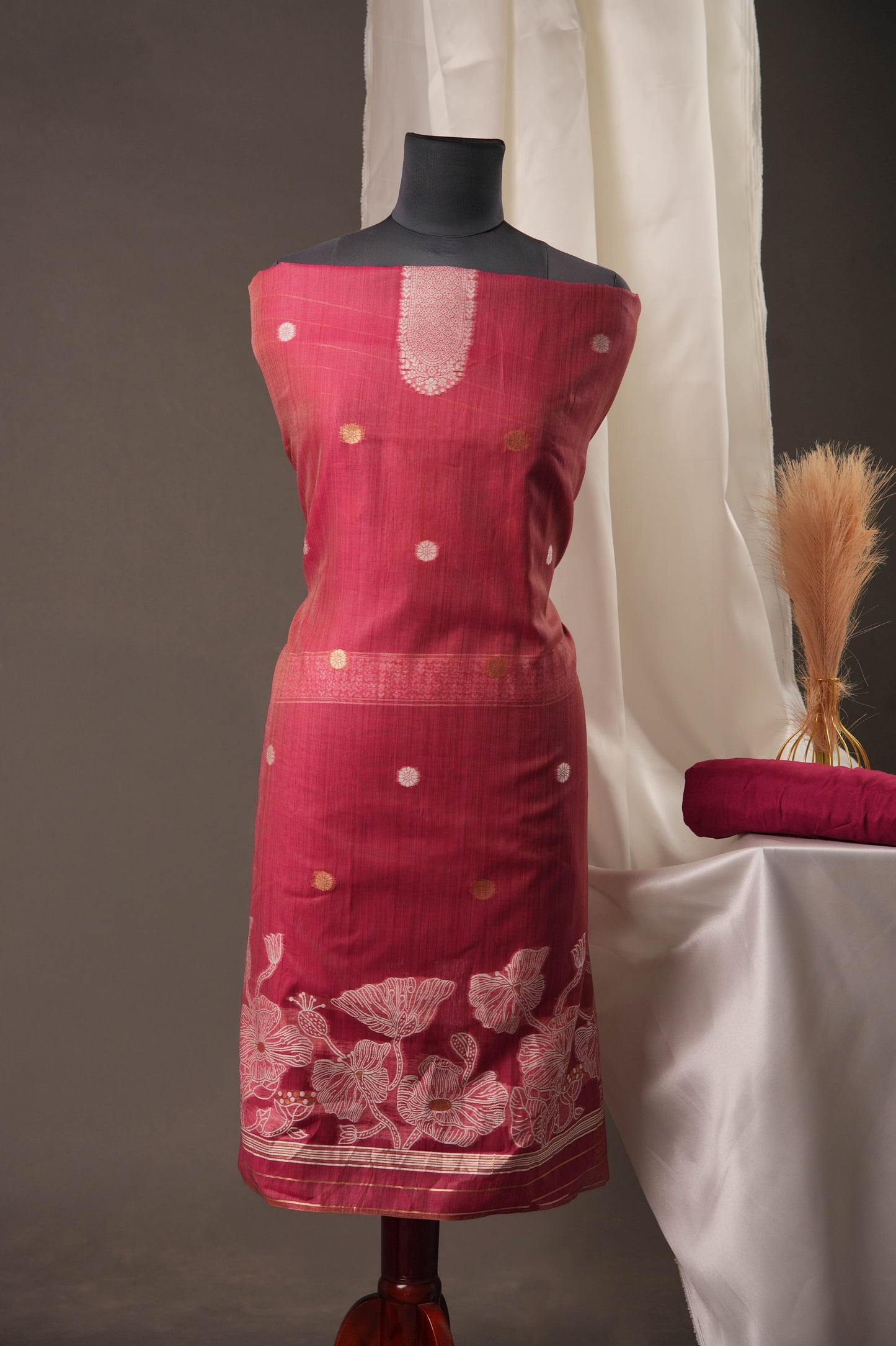 Floral Embroidered Rose Pink Soft Cotton Unstitched Suit with Coordinated Dupatta