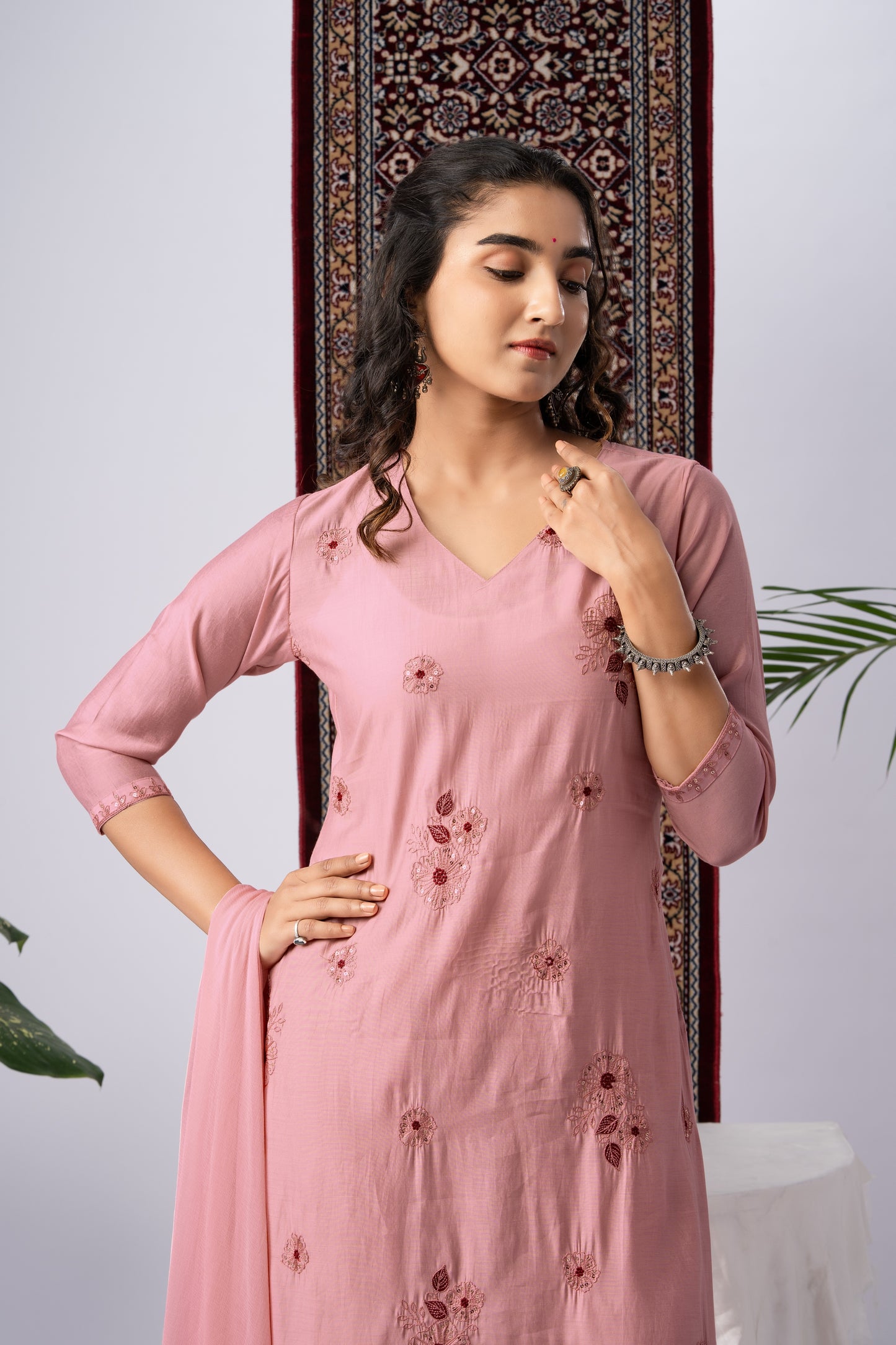Blush Pink Viscose Rayon Kurta Set with Floral Embroidery
