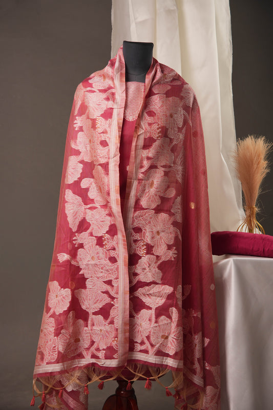 Floral Embroidered Rose Pink Soft Cotton Unstitched Suit with Coordinated Dupatta