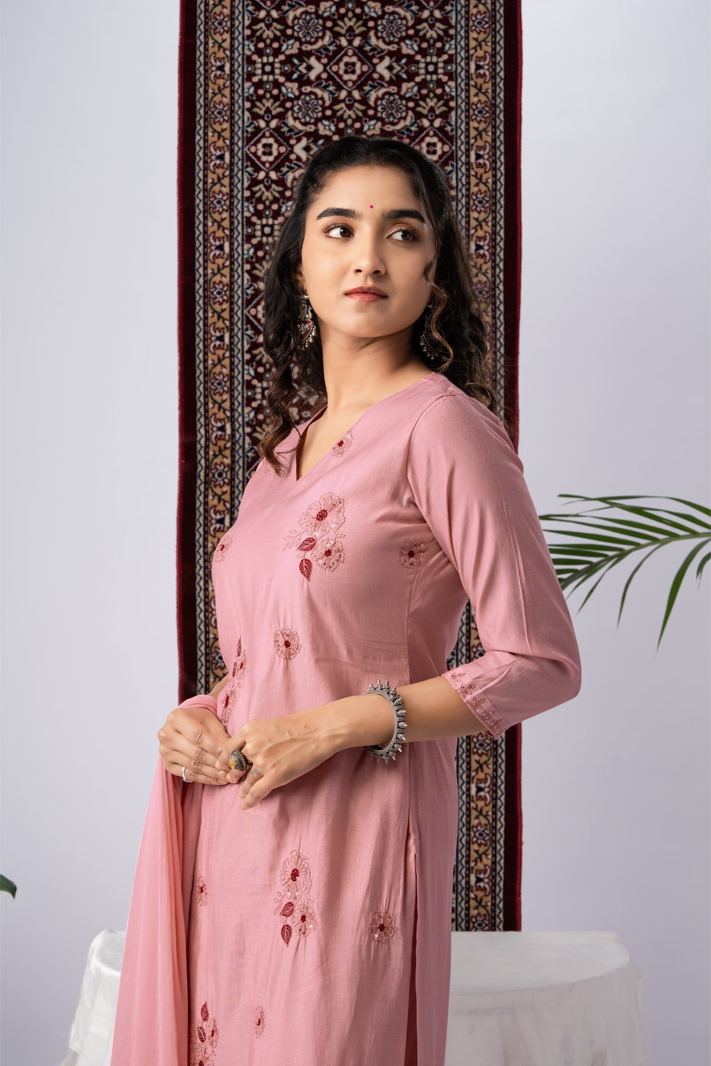 Blush Pink Viscose Rayon Kurta Set with Floral Embroidery
