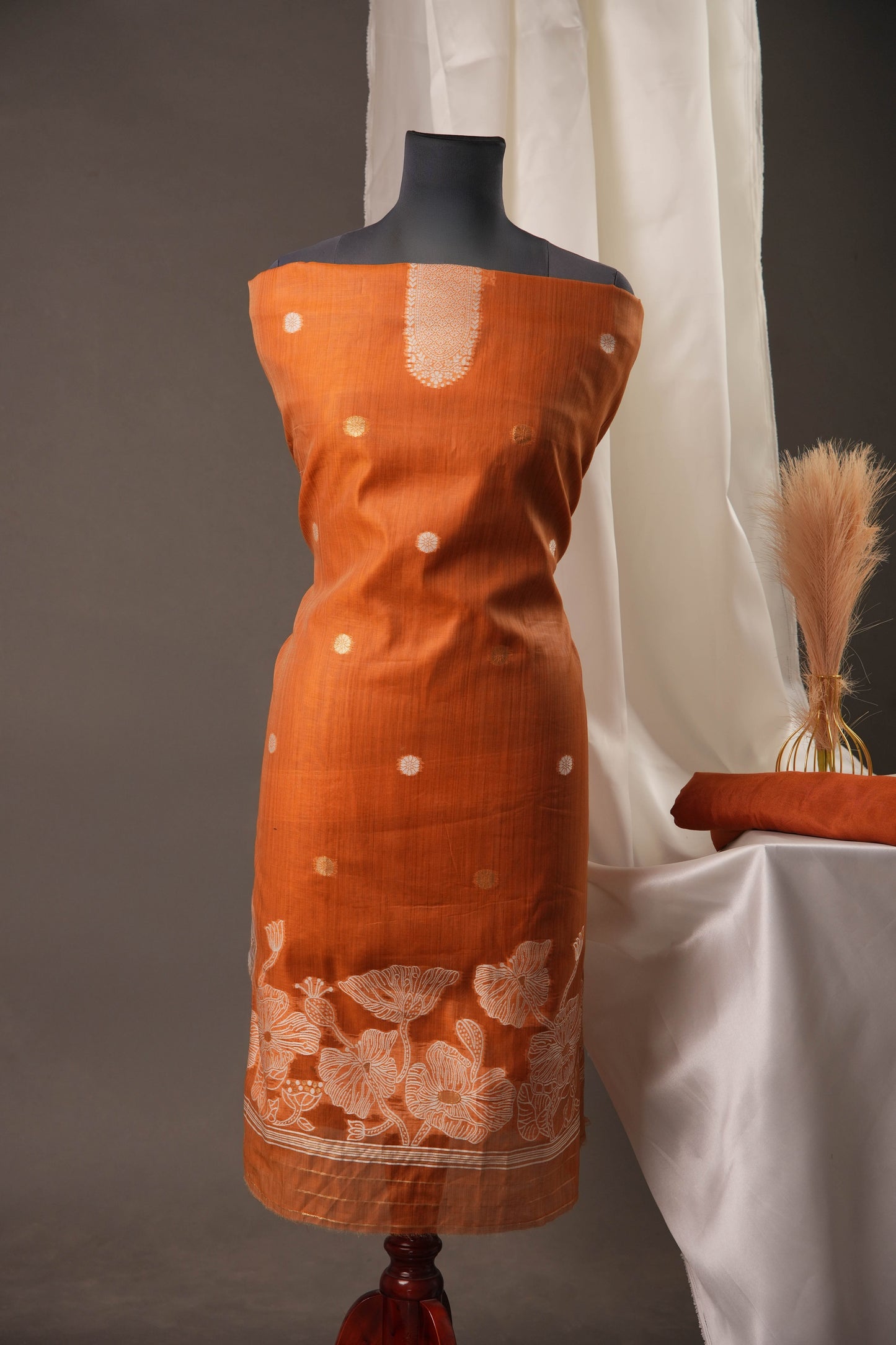 Floral Embroidered Rust Orange Soft Cotton Unstitched Suit with Coordinated Dupatta