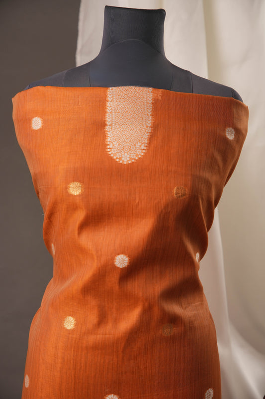 Floral Embroidered Rust Orange Soft Cotton Unstitched Suit with Coordinated Dupatta