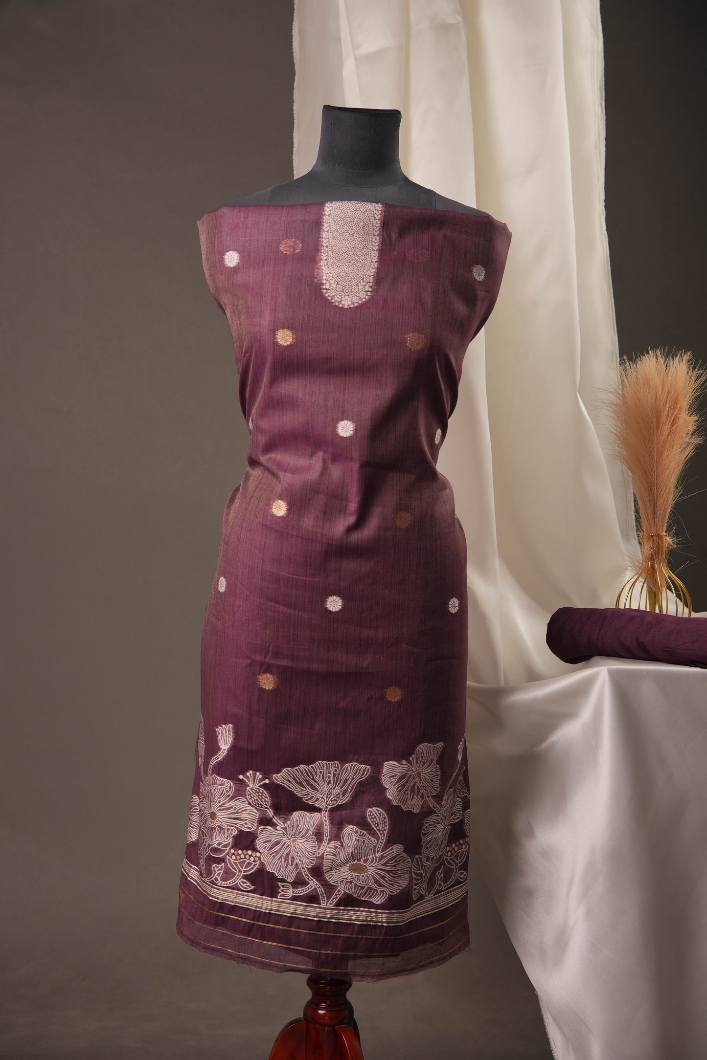 Floral Embroidered Wine Soft Cotton Unstitched Suit with Coordinated Dupatta