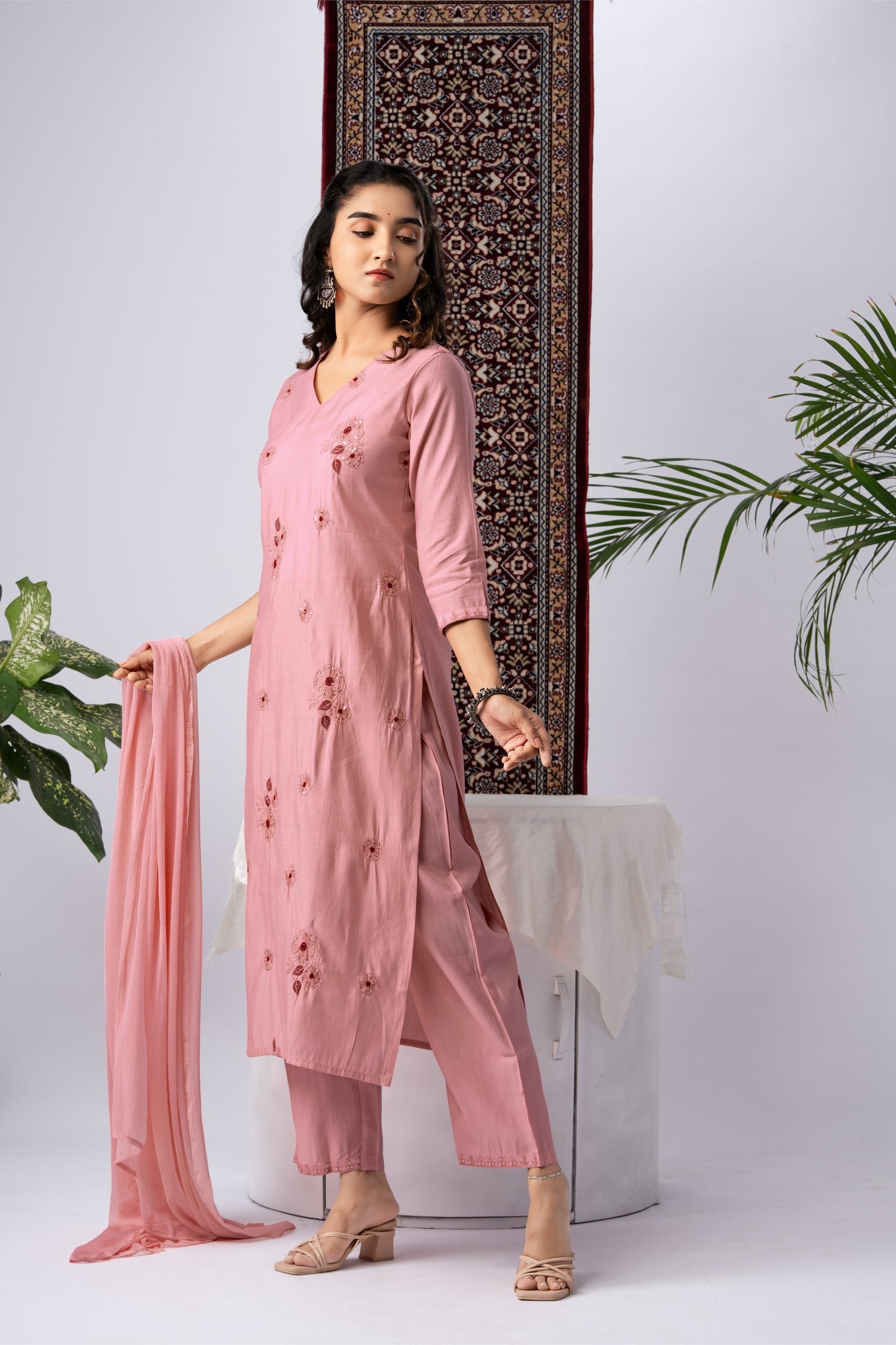 Blush Pink Viscose Rayon Kurta Set with Floral Embroidery