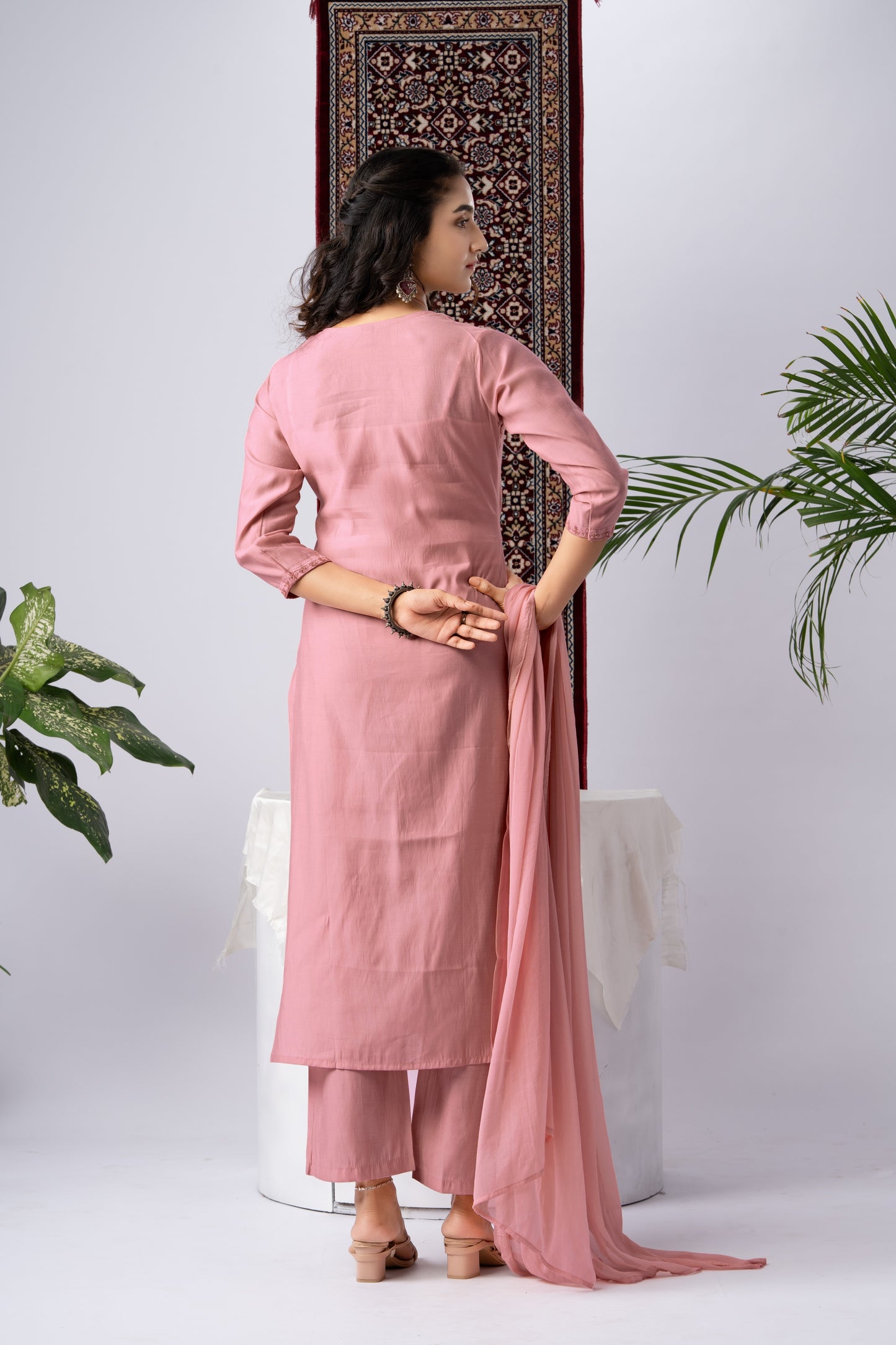 Blush Pink Viscose Rayon Kurta Set with Floral Embroidery