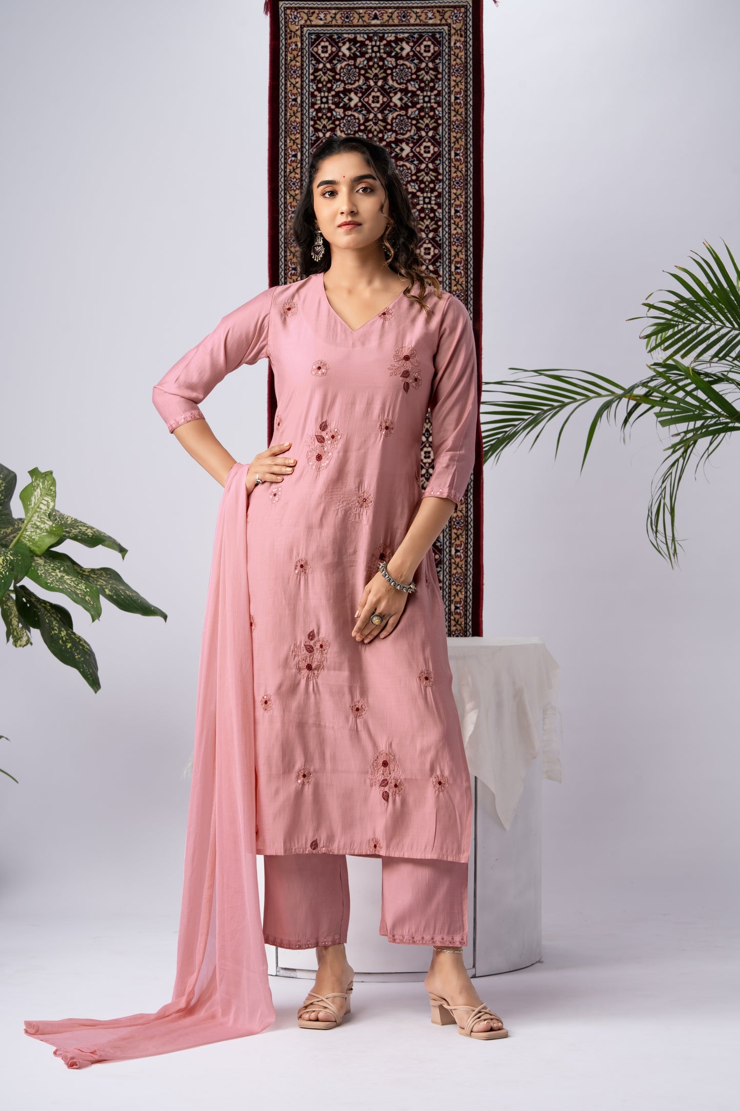 Blush Pink Viscose Rayon Kurta Set with Floral Embroidery
